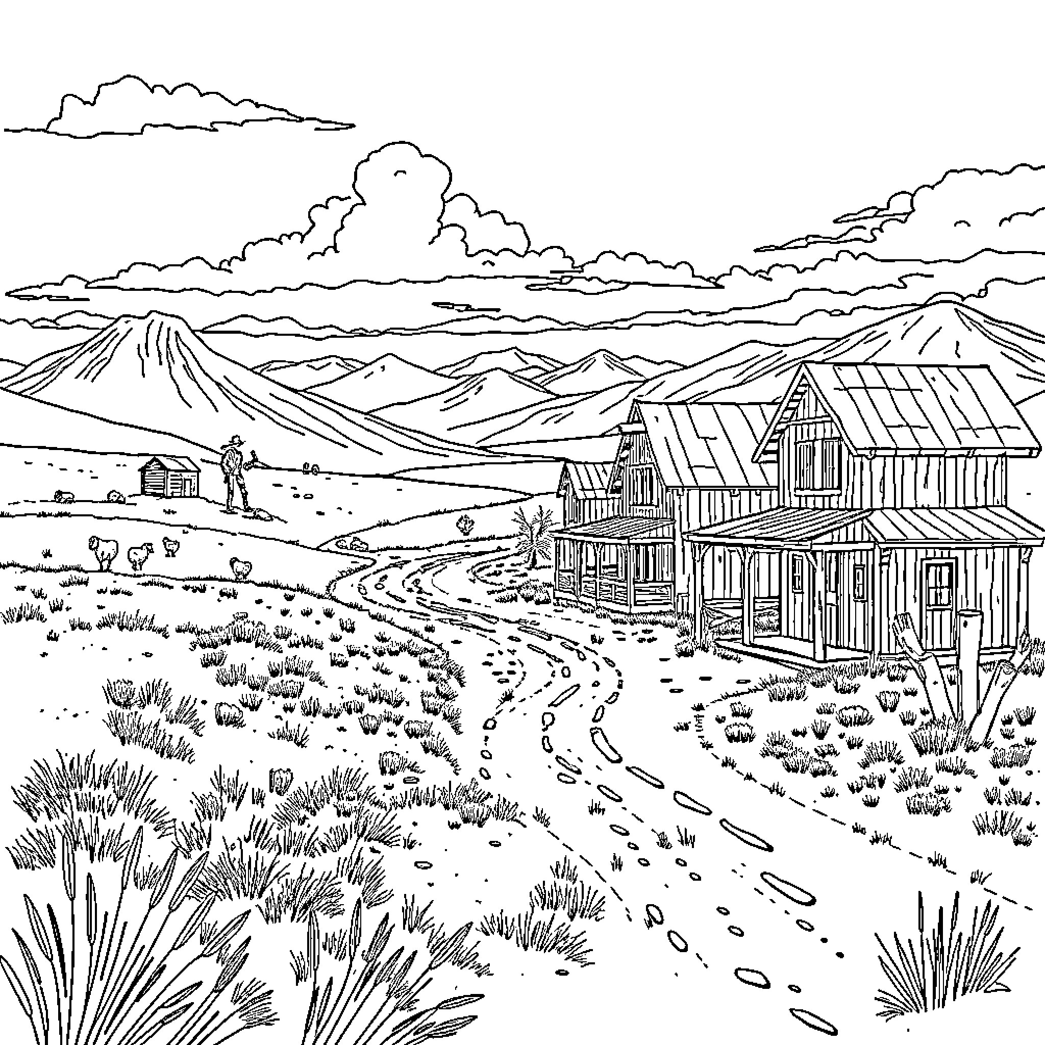 Wild West Frontier Landscape with Rustic Buildings Coloring Page (free black-and-white line drawing printable PDF for all, from beginners to advanced learners, including children, teens, adults, and seniors)