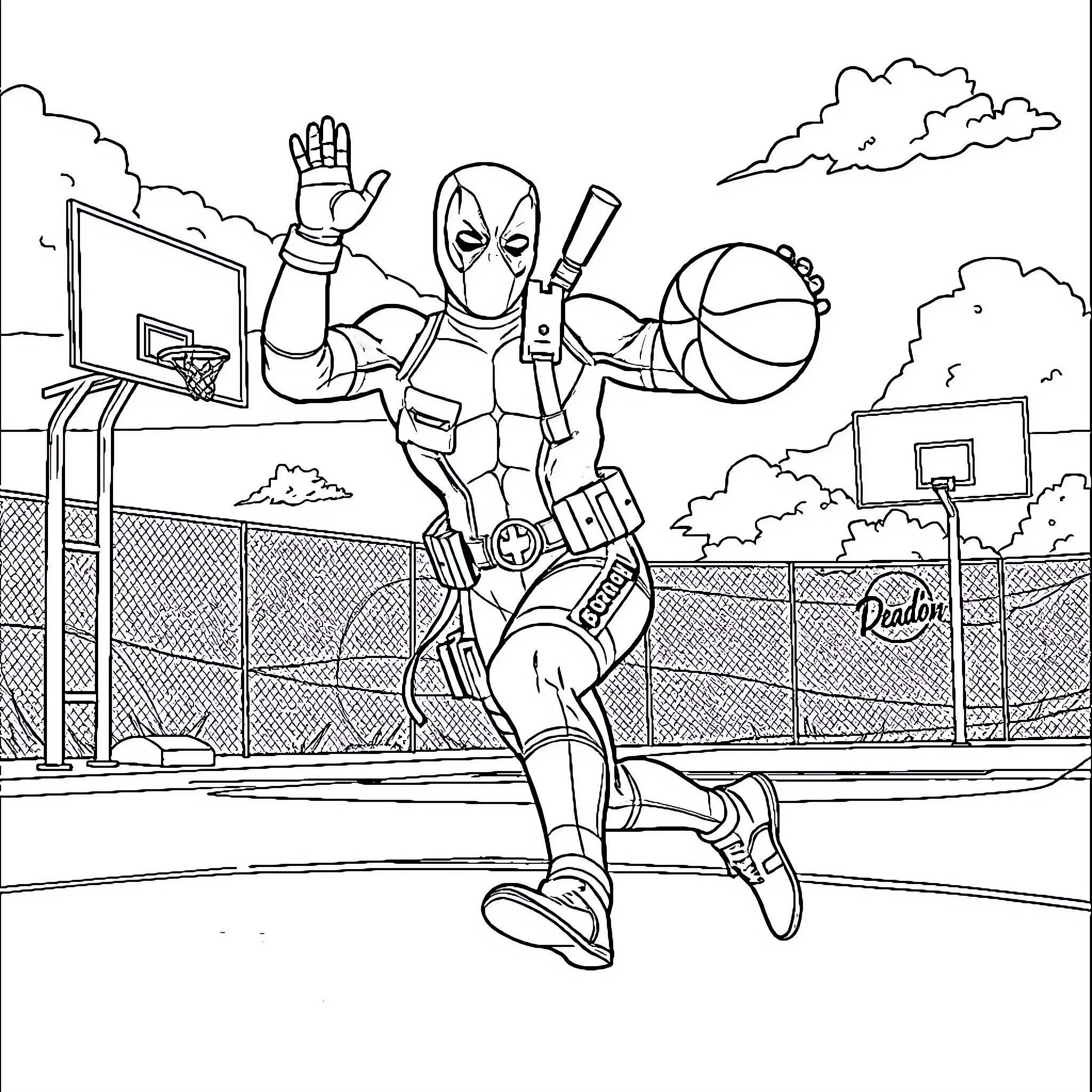 Deadpool Performing Basketball Tricks and Stunts Coloring Page (free black-and-white line drawing printable PDF for all, from beginners to advanced learners, including children, teens, adults, and seniors)