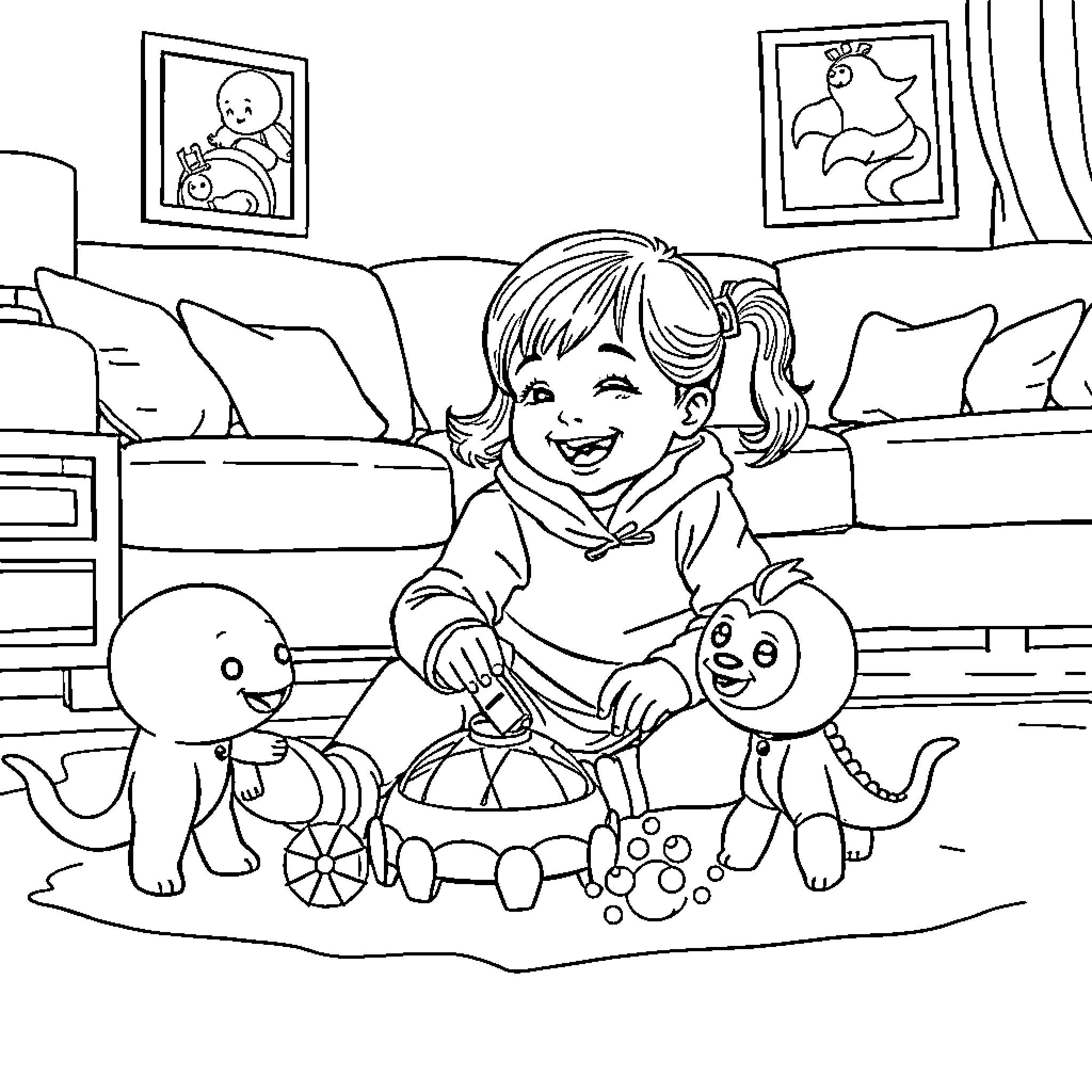 Toddler playing with cute animal companions in cozy room Coloring Page (free black-and-white line drawing printable PDF for all, from beginners to advanced learners, including children, teens, adults, and seniors)