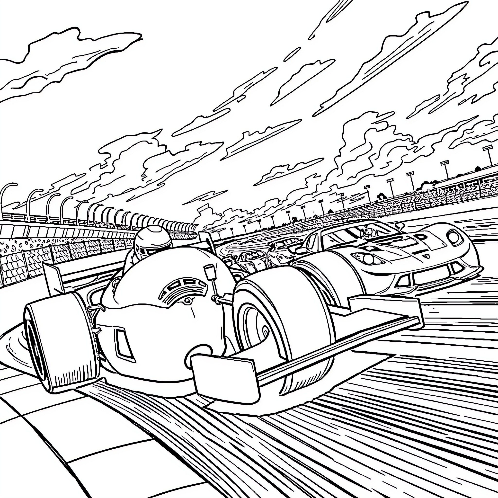 Ralph Brinkley racing his futuristic vehicle on the track Coloring Page (free black-and-white line drawing printable PDF for all, from beginners to advanced learners, including children, teens, adults, and seniors)