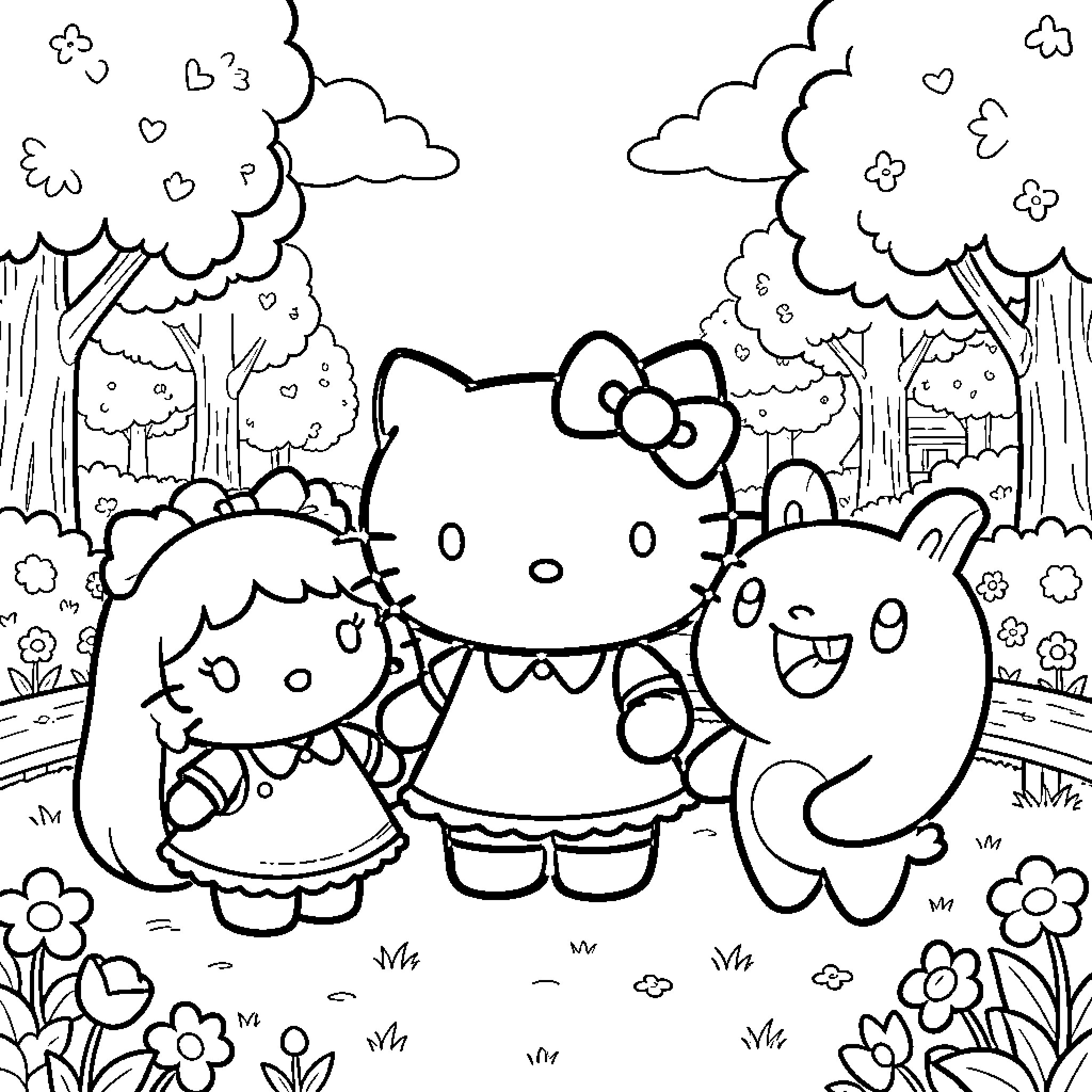 Hello Kitty and Friends Explore the Enchanted Forest Coloring Page (free black-and-white line drawing printable PDF for all, from beginners to advanced learners, including children, teens, adults, and seniors)