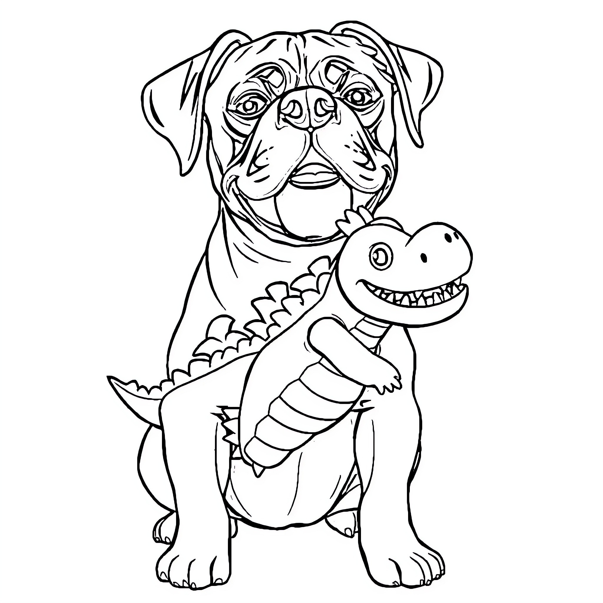 Boxer Dog Playing with Dinosaur Toy Coloring Page (free black-and-white line drawing printable PDF for all, from beginners to advanced learners, including children, teens, adults, and seniors)