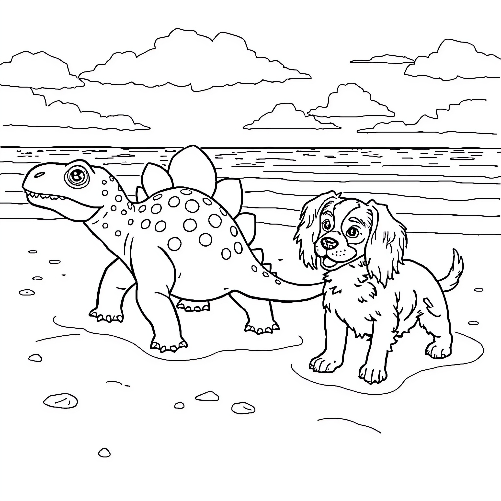 Ankylosaurus and Puppy by the Seaside Coloring Page (free black-and-white line drawing printable PDF for all, from beginners to advanced learners, including children, teens, adults, and seniors)
