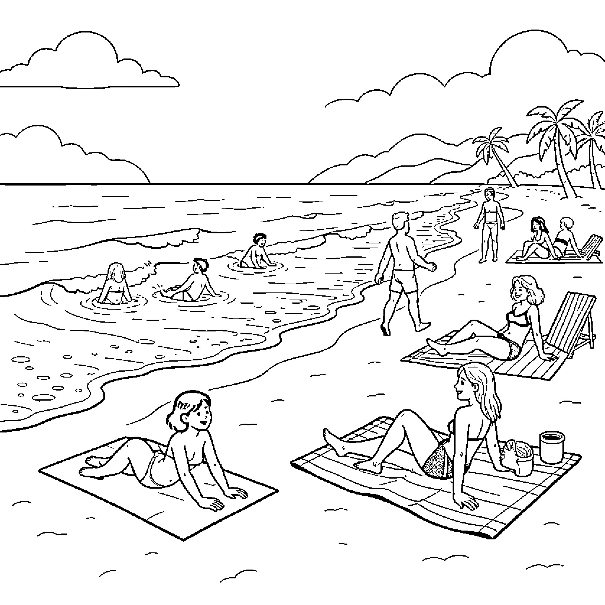 Beach scene with people swimming and sunbathing Coloring Page (free black-and-white line drawing printable PDF for all, from beginners to advanced learners, including children, teens, adults, and seniors)