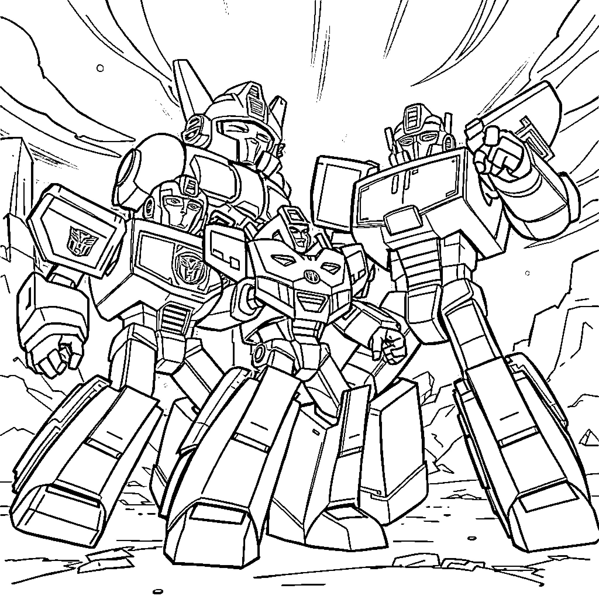 Transformers in epic battle stance Coloring Page (free black-and-white line drawing printable PDF for all, from beginners to advanced learners, including children, teens, adults, and seniors)
