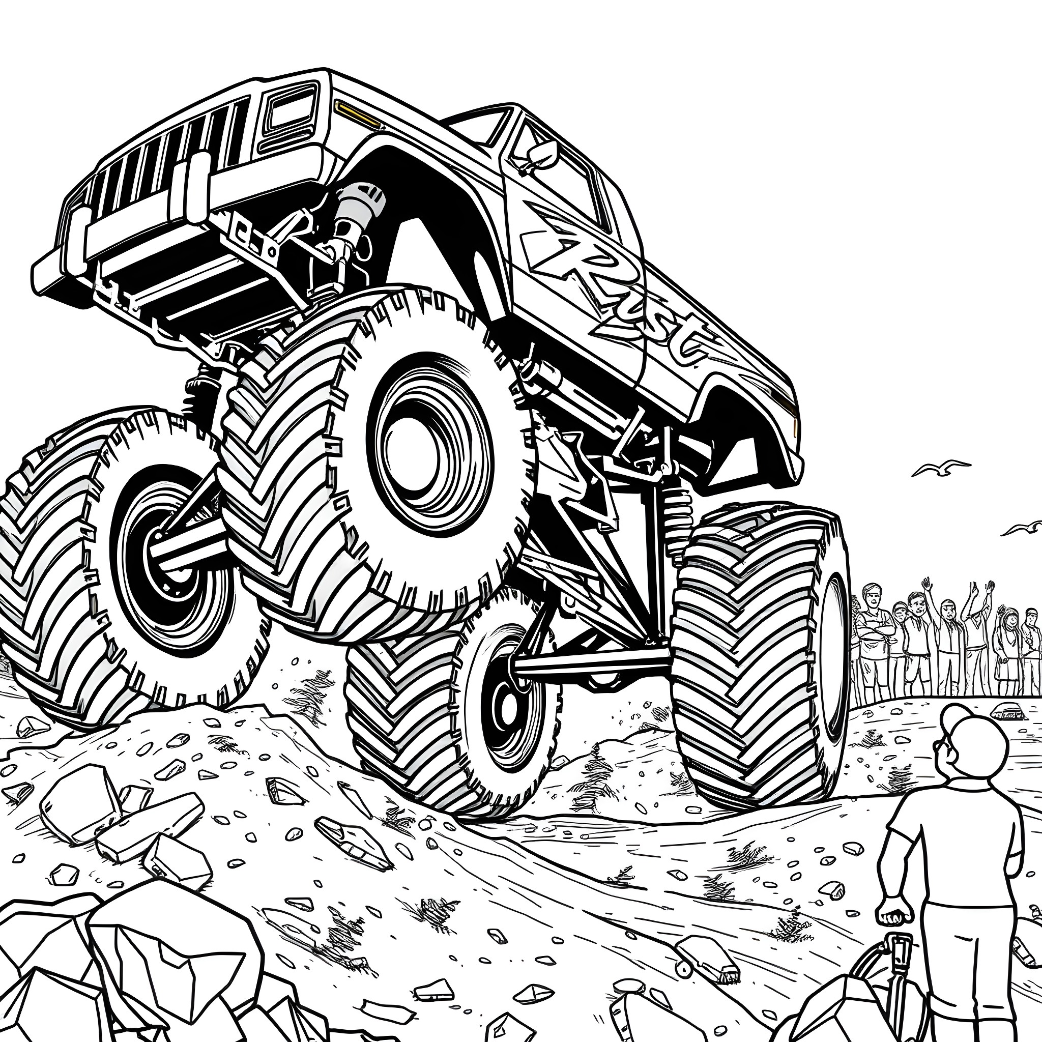Monster Truck Crushing Obstacles and Entertaining Crowd Coloring Page (free black-and-white line drawing printable PDF for all, from beginners to advanced learners, including children, teens, adults, and seniors)