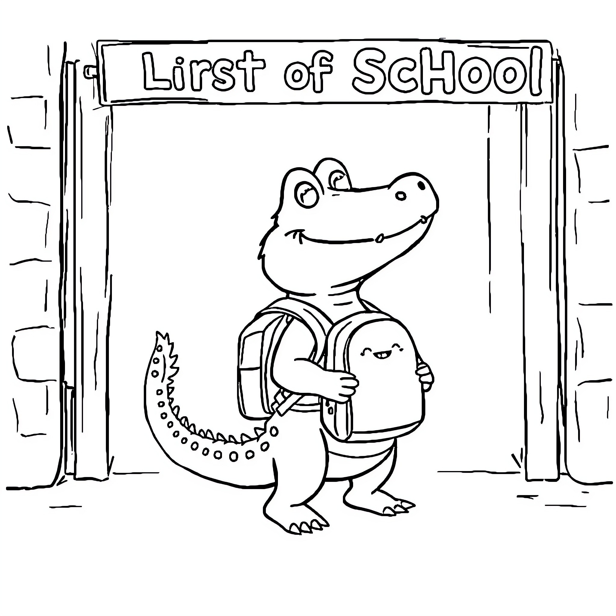 Alligator heading to first day of school Coloring Page (free black-and-white line drawing printable PDF for all, from beginners to advanced learners, including children, teens, adults, and seniors)