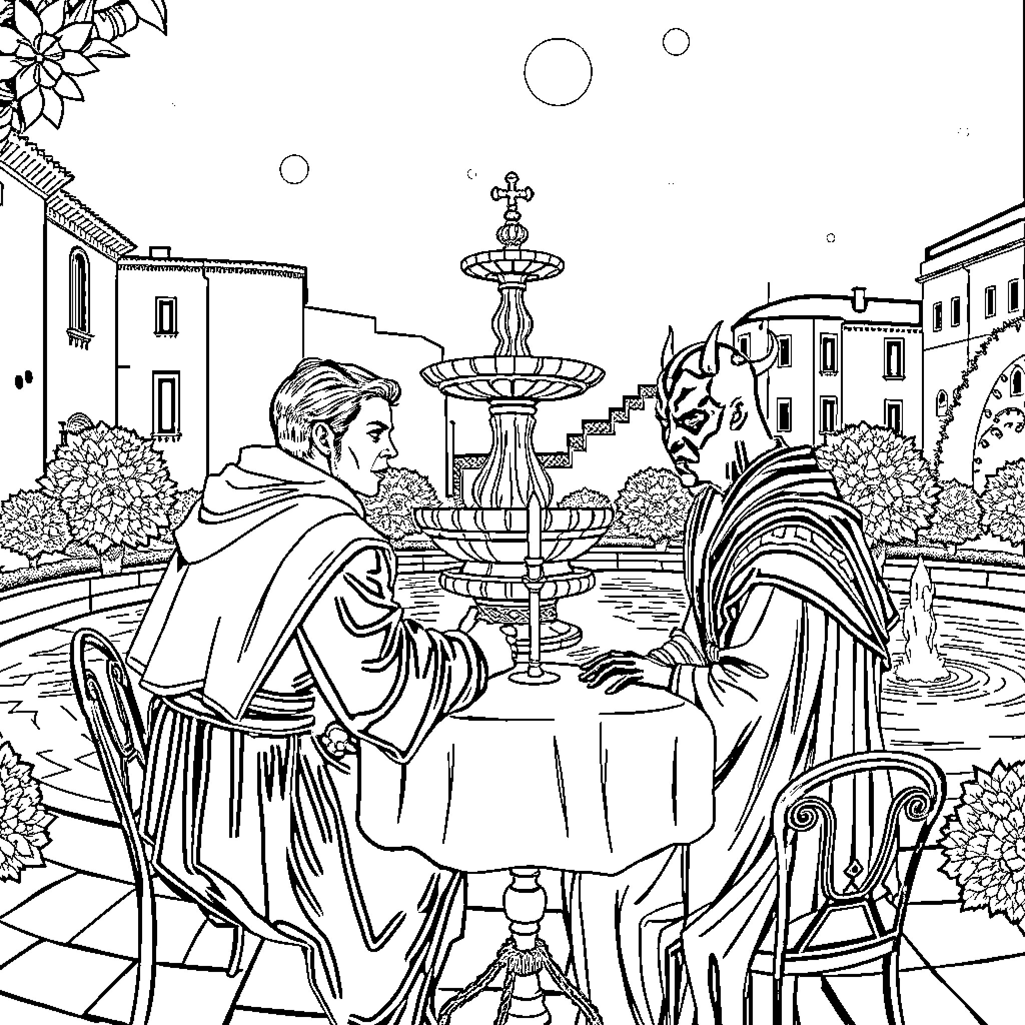 Obi-Wan Discusses Matters with a Mysterious Figure in a Courtyard Coloring Page (free black-and-white line drawing printable PDF for all, from beginners to advanced learners, including children, teens, adults, and seniors)