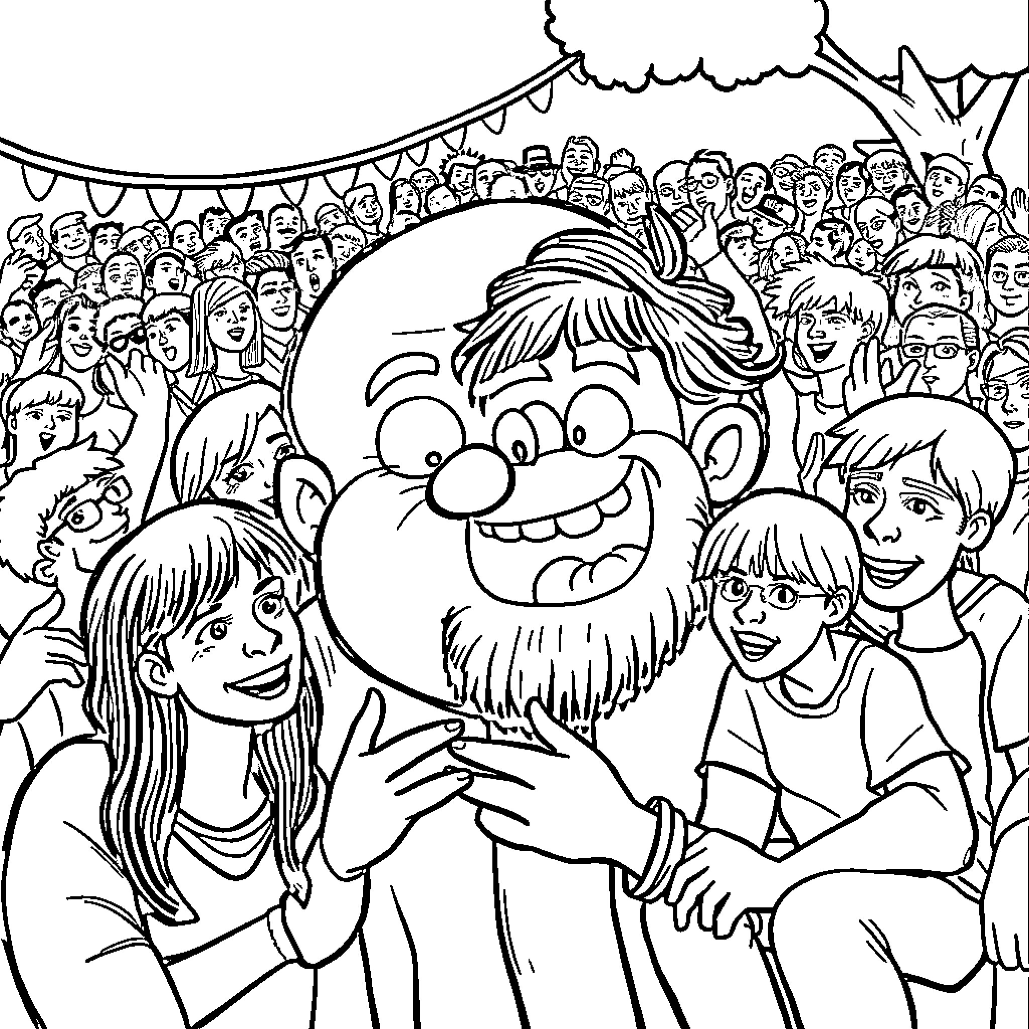 Meme of a Large Crowd Surrounding a Smiling Character Coloring Page (free black-and-white line drawing printable PDF for all, from beginners to advanced learners, including children, teens, adults, and seniors)