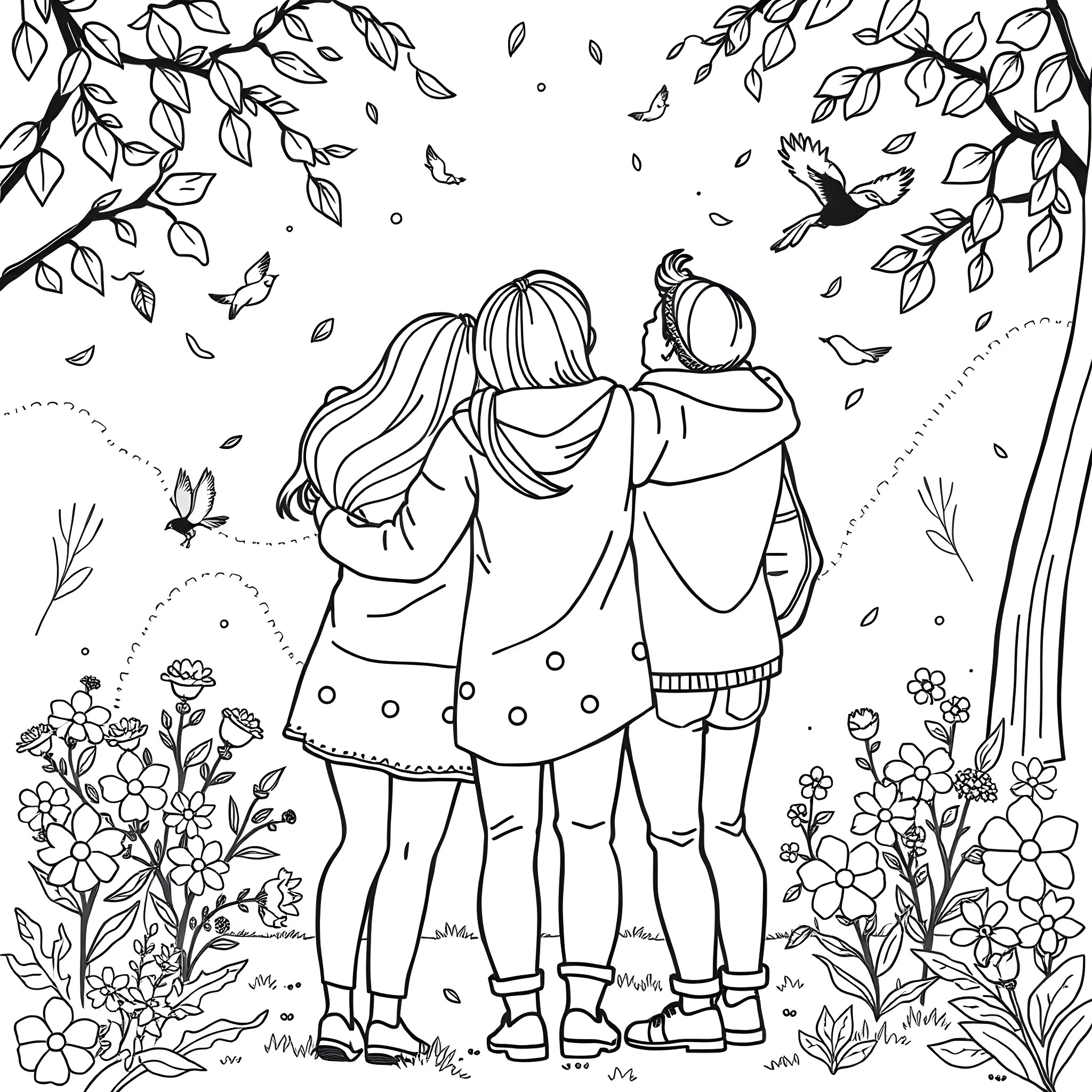 Friend enjoying the outdoors with companions Coloring Page (free black-and-white line drawing printable PDF for all, from beginners to advanced learners, including children, teens, adults, and seniors)
