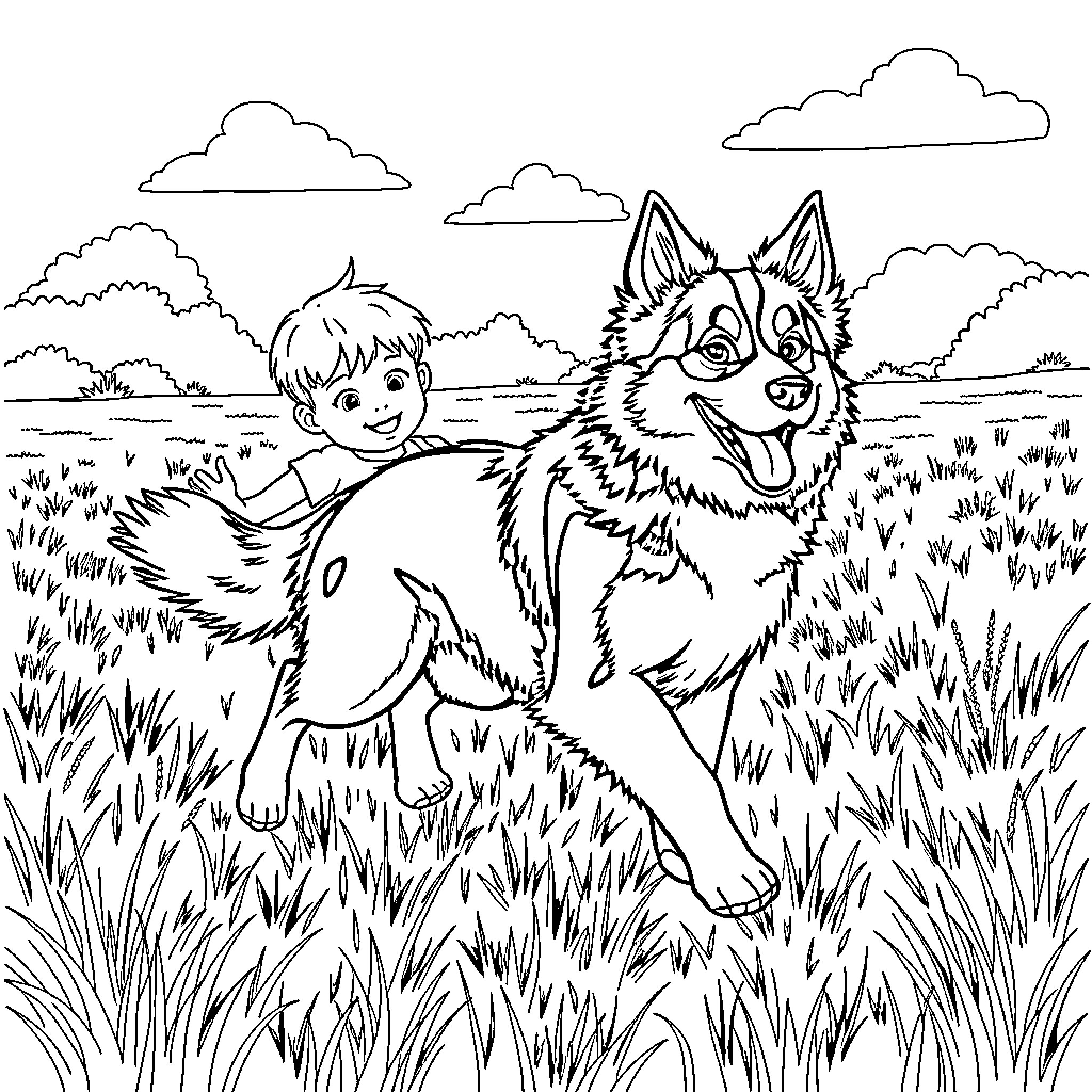 Australian Shepherd playing with a boy in a field Coloring Page (free black-and-white line drawing printable PDF for all, from beginners to advanced learners, including children, teens, adults, and seniors)