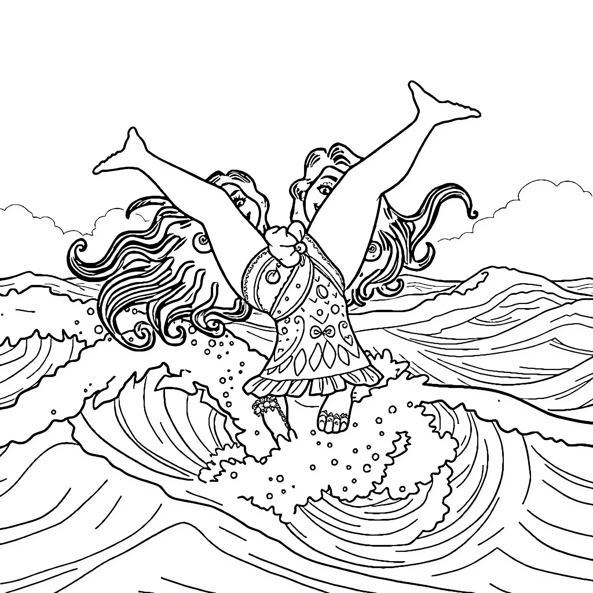 Moana joyfully dancing in the ocean waves Coloring Page (free black-and-white line drawing printable PDF for all, from beginners to advanced learners, including children, teens, adults, and seniors)