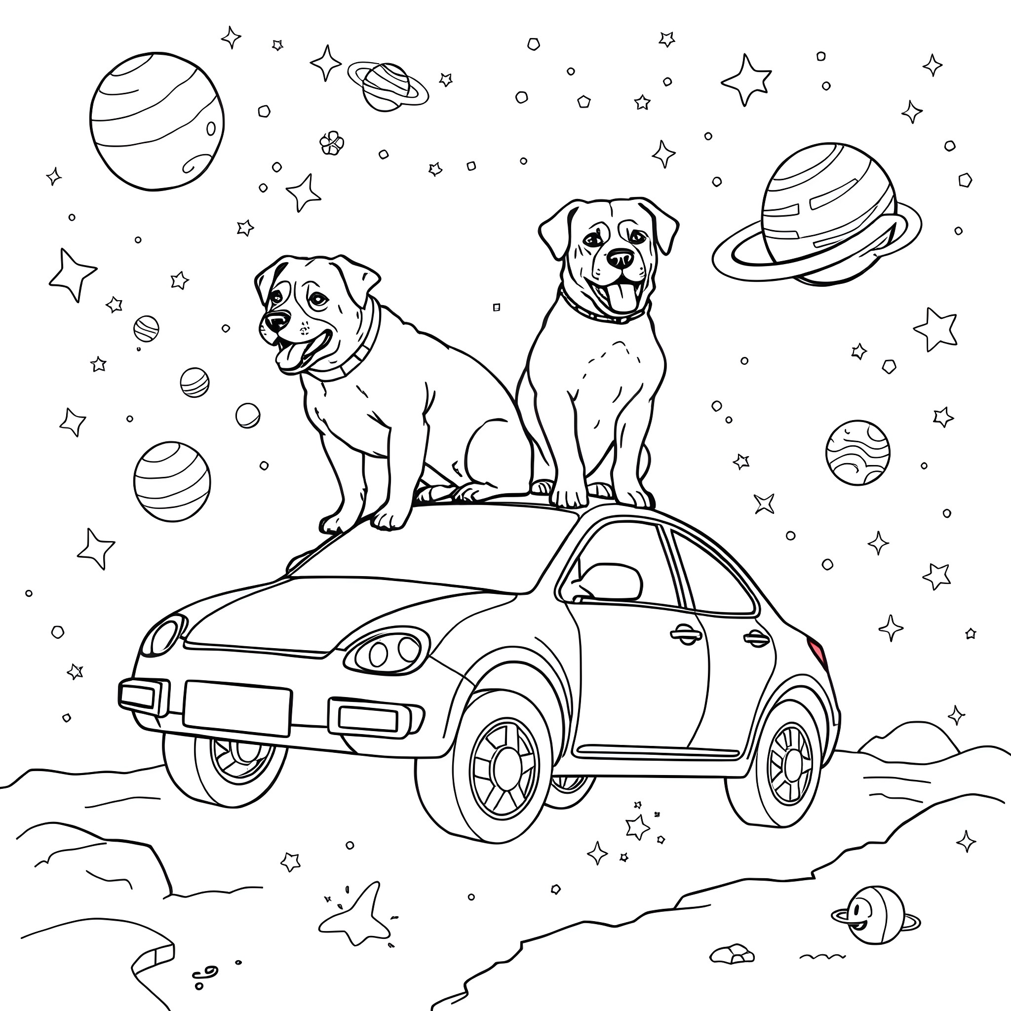 Dog's Outer Space Adventure Coloring Page (free black-and-white line drawing printable PDF for all, from beginners to advanced learners, including children, teens, adults, and seniors)