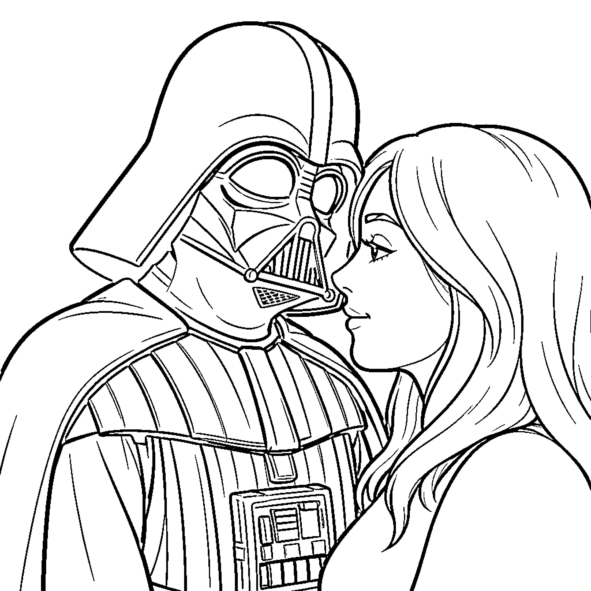 Darth Vader and woman in close conversation Coloring Page (free black-and-white line drawing printable PDF for all, from beginners to advanced learners, including children, teens, adults, and seniors)