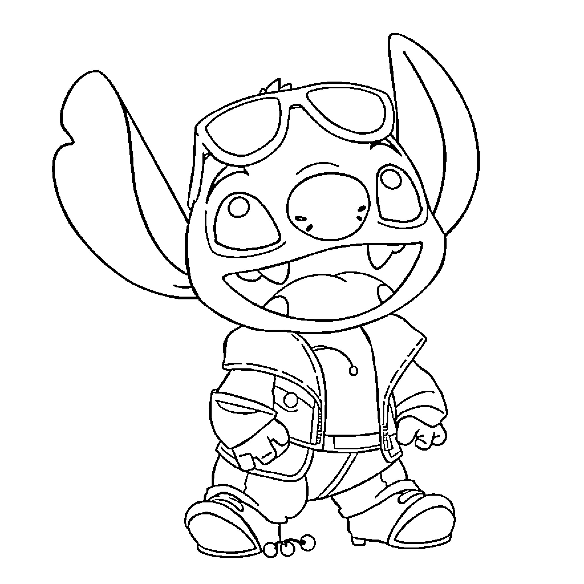 Stitch wearing sunglasses and adventure gear Coloring Page (free black-and-white line drawing printable PDF for all, from beginners to advanced learners, including children, teens, adults, and seniors)