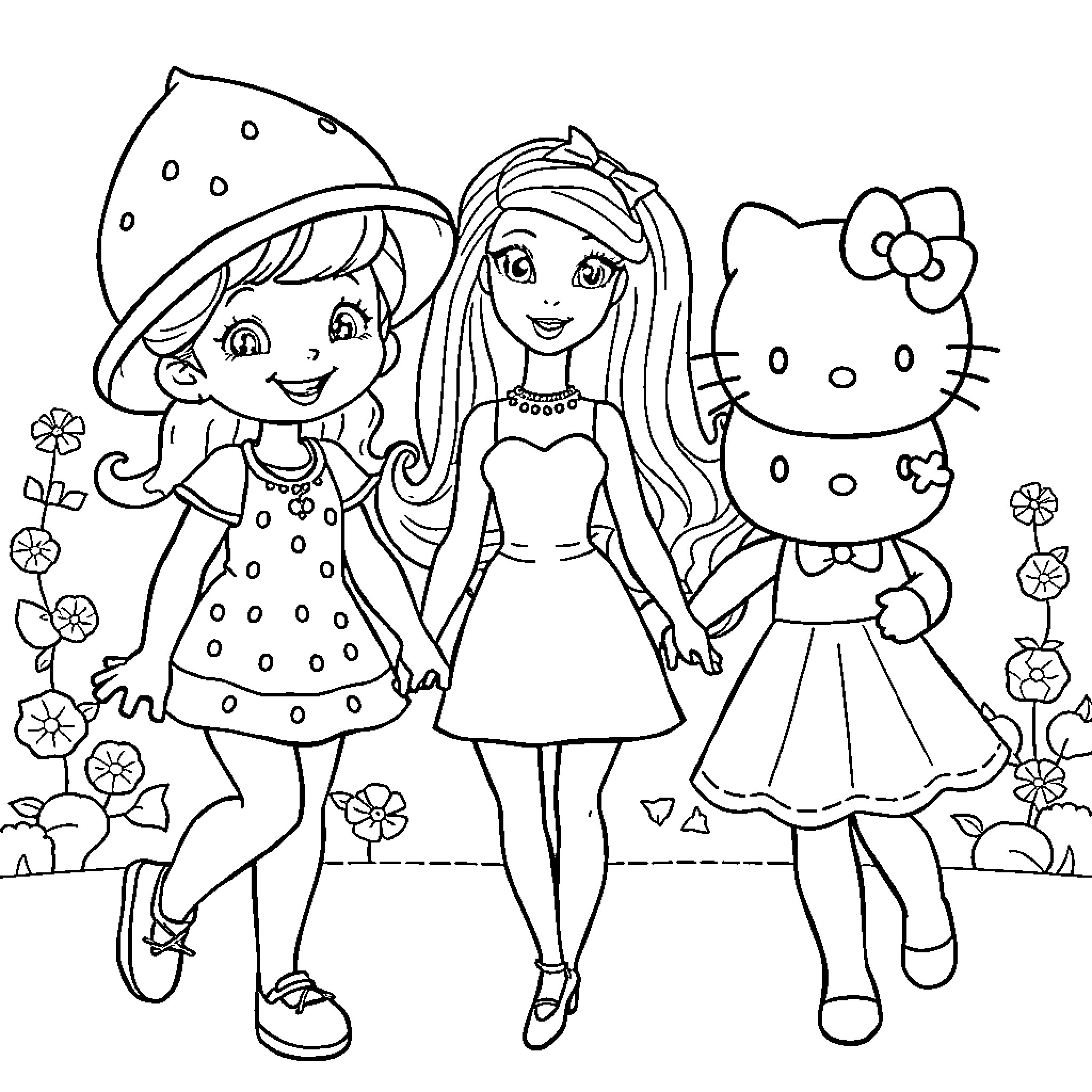 Strawberry Shortcake and friends in a whimsical garden Coloring Page (free black-and-white line drawing printable PDF for all, from beginners to advanced learners, including children, teens, adults, and seniors)