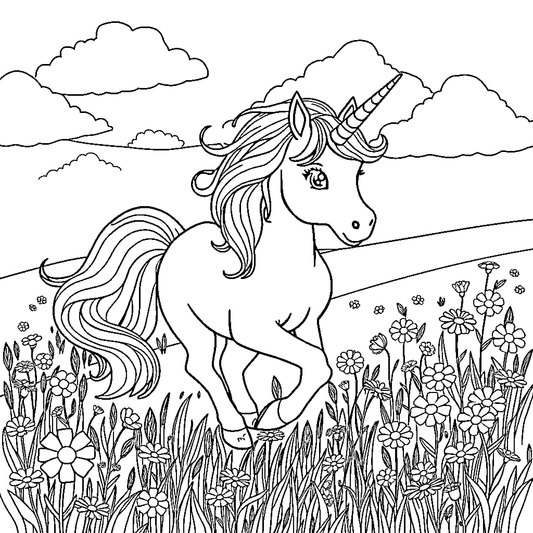 Unicorn prancing through a magical meadow Coloring Page (free black-and-white line drawing printable PDF for all, from beginners to advanced learners, including children, teens, adults, and seniors)