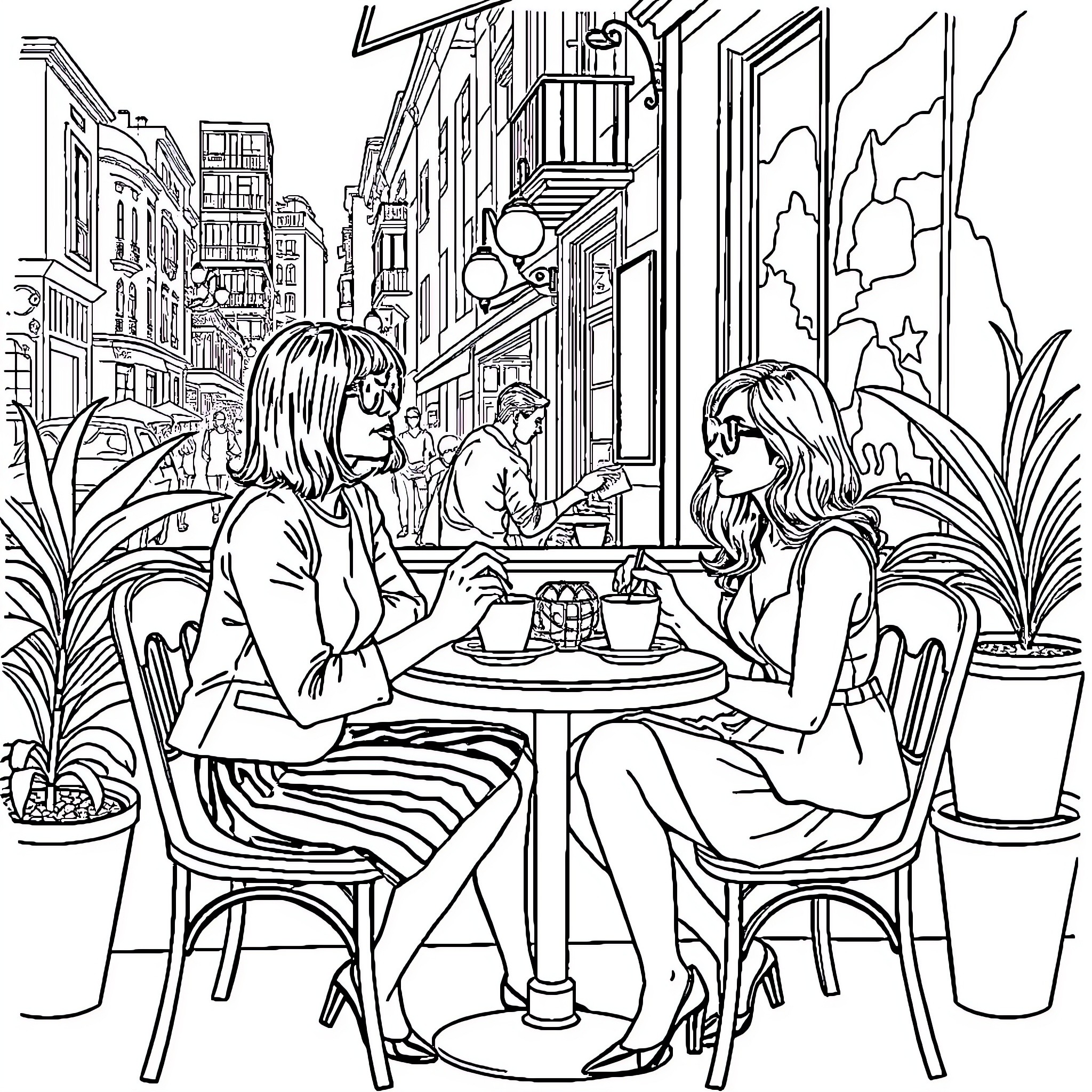 Anna Wintour and companion enjoy conversation at outdoor cafe Coloring Page (free black-and-white line drawing printable PDF for all, from beginners to advanced learners, including children, teens, adults, and seniors)