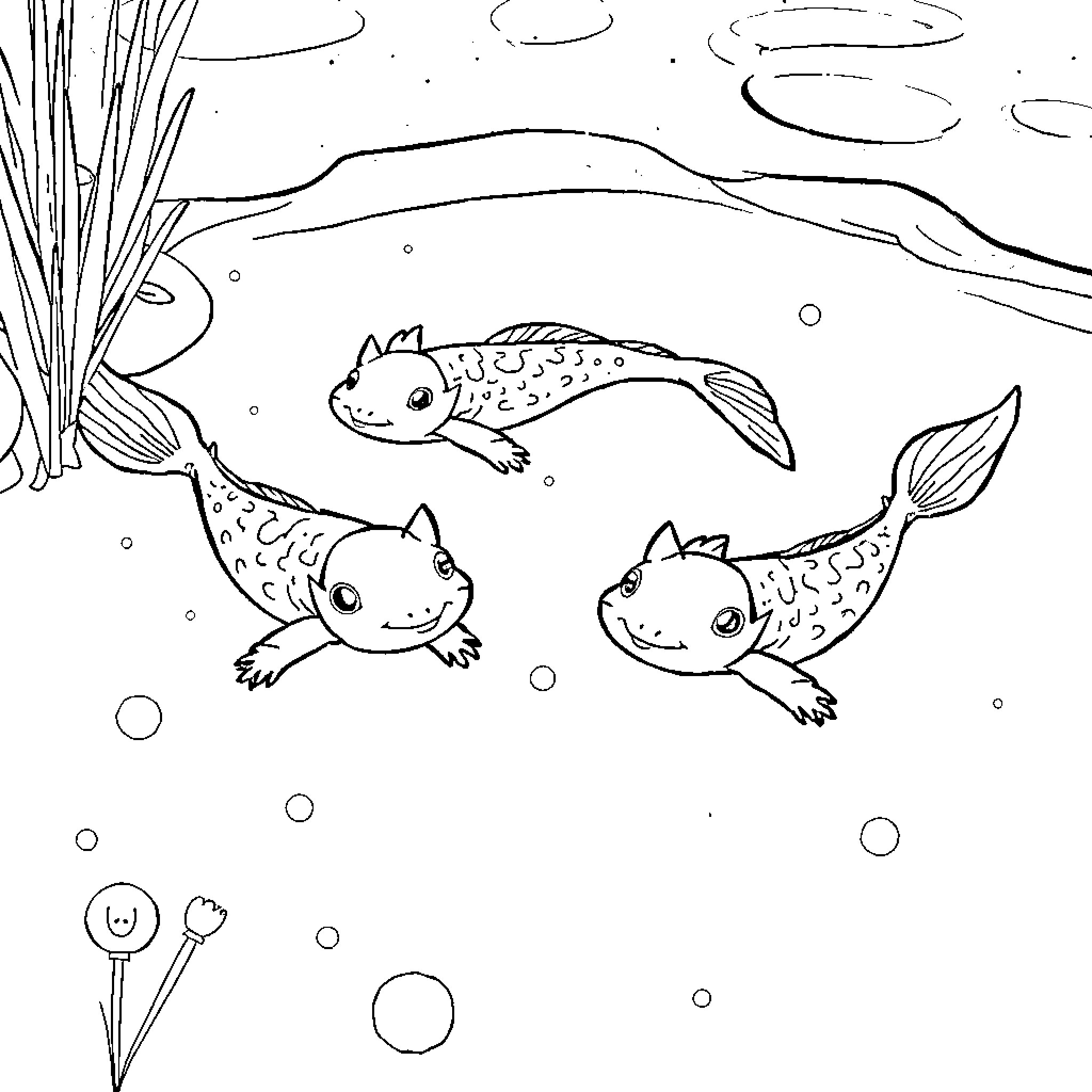 Axolotls swimming playfully in the underwater scene Coloring Page (free black-and-white line drawing printable PDF for all, from beginners to advanced learners, including children, teens, adults, and seniors)
