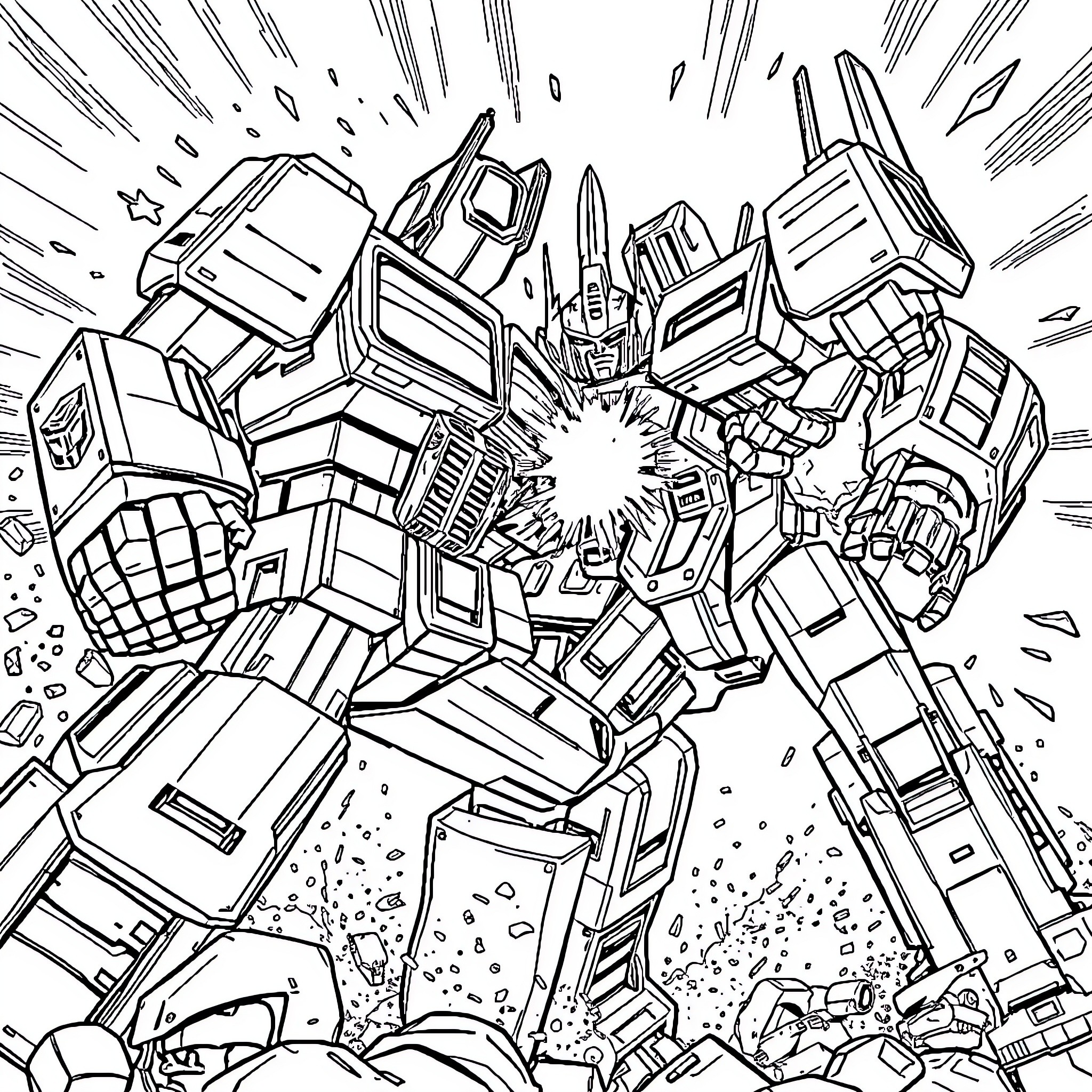 Optimus Prime leading the Autobots into battle Coloring Page (free black-and-white line drawing printable PDF for all, from beginners to advanced learners, including children, teens, adults, and seniors)