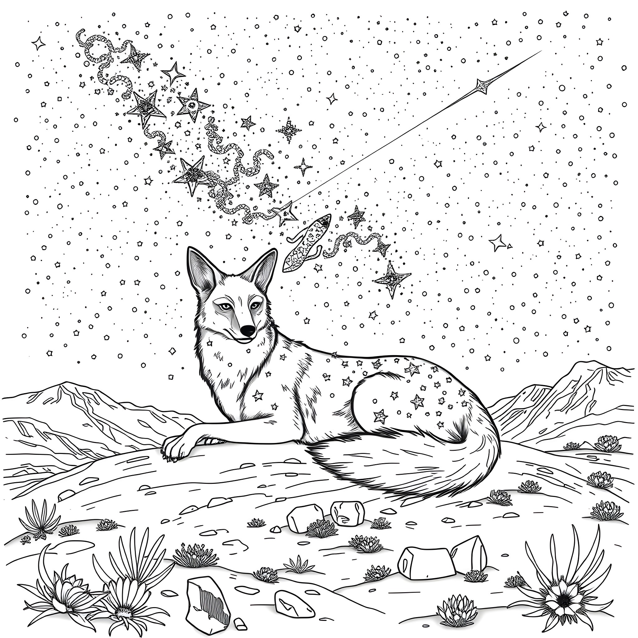 Coyote gazing at the starry night sky Coloring Page (free black-and-white line drawing printable PDF for all, from beginners to advanced learners, including children, teens, adults, and seniors)
