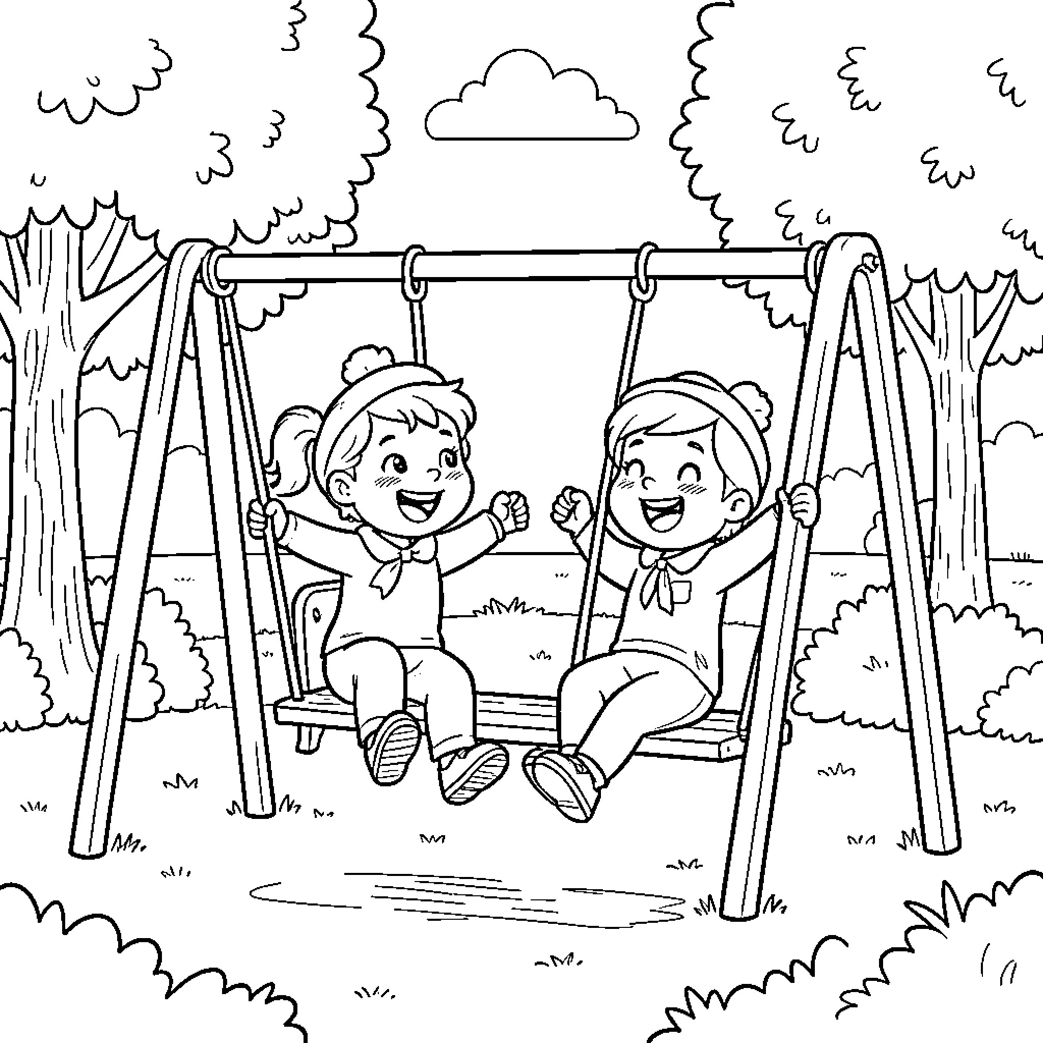 Pat Patrol two children laughing on playground swings Coloring Page (free black-and-white line drawing printable PDF for all, from beginners to advanced learners, including children, teens, adults, and seniors)