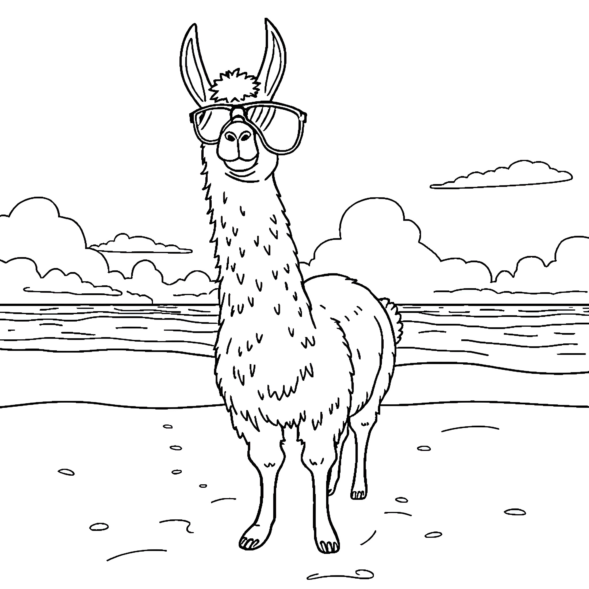 Llama wearing sunglasses enjoying the beach Coloring Page (free black-and-white line drawing printable PDF for all, from beginners to advanced learners, including children, teens, adults, and seniors)