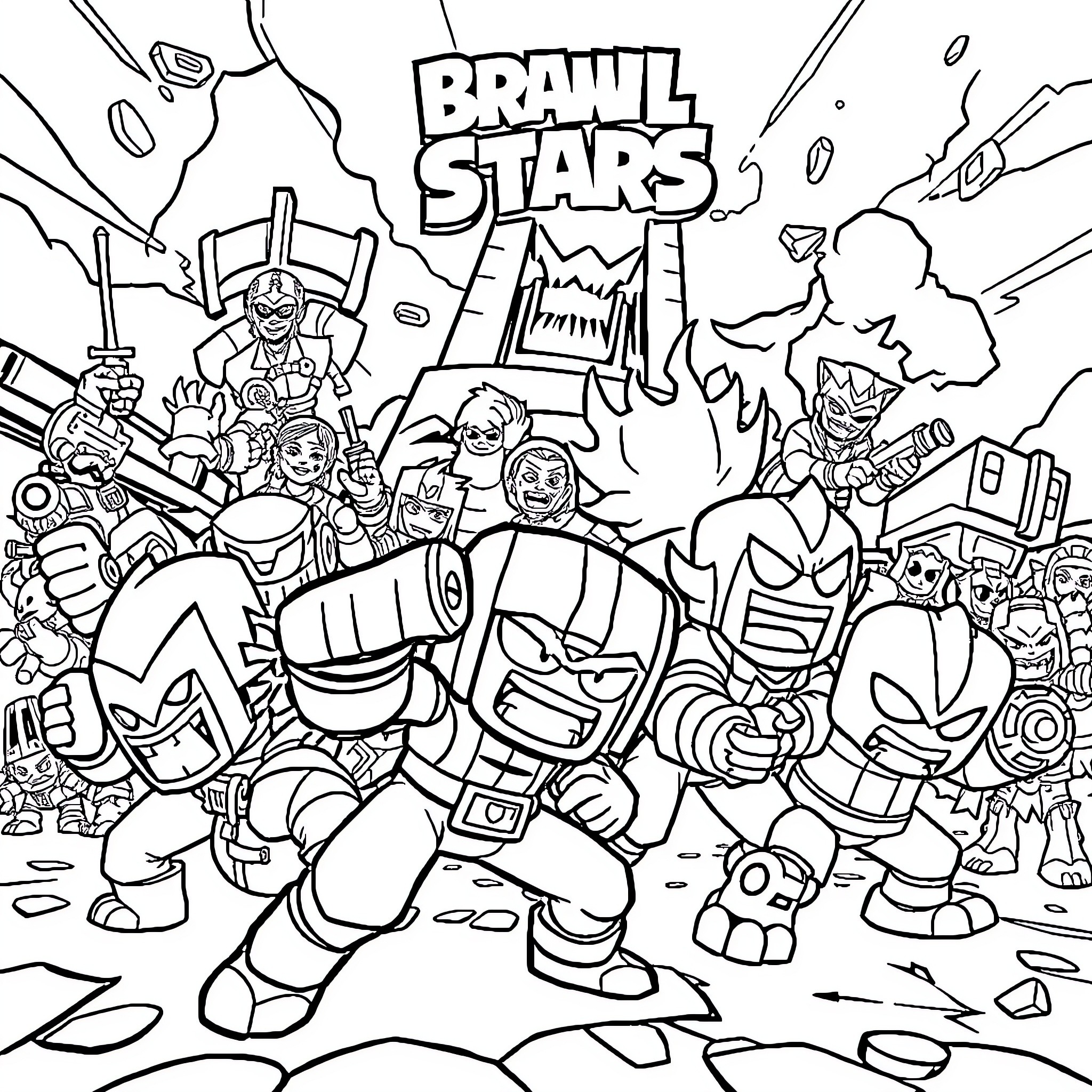 Brawl Stars: Characters in Epic Conflict Coloring Page (free black-and-white line drawing printable PDF for all, from beginners to advanced learners, including children, teens, adults, and seniors)