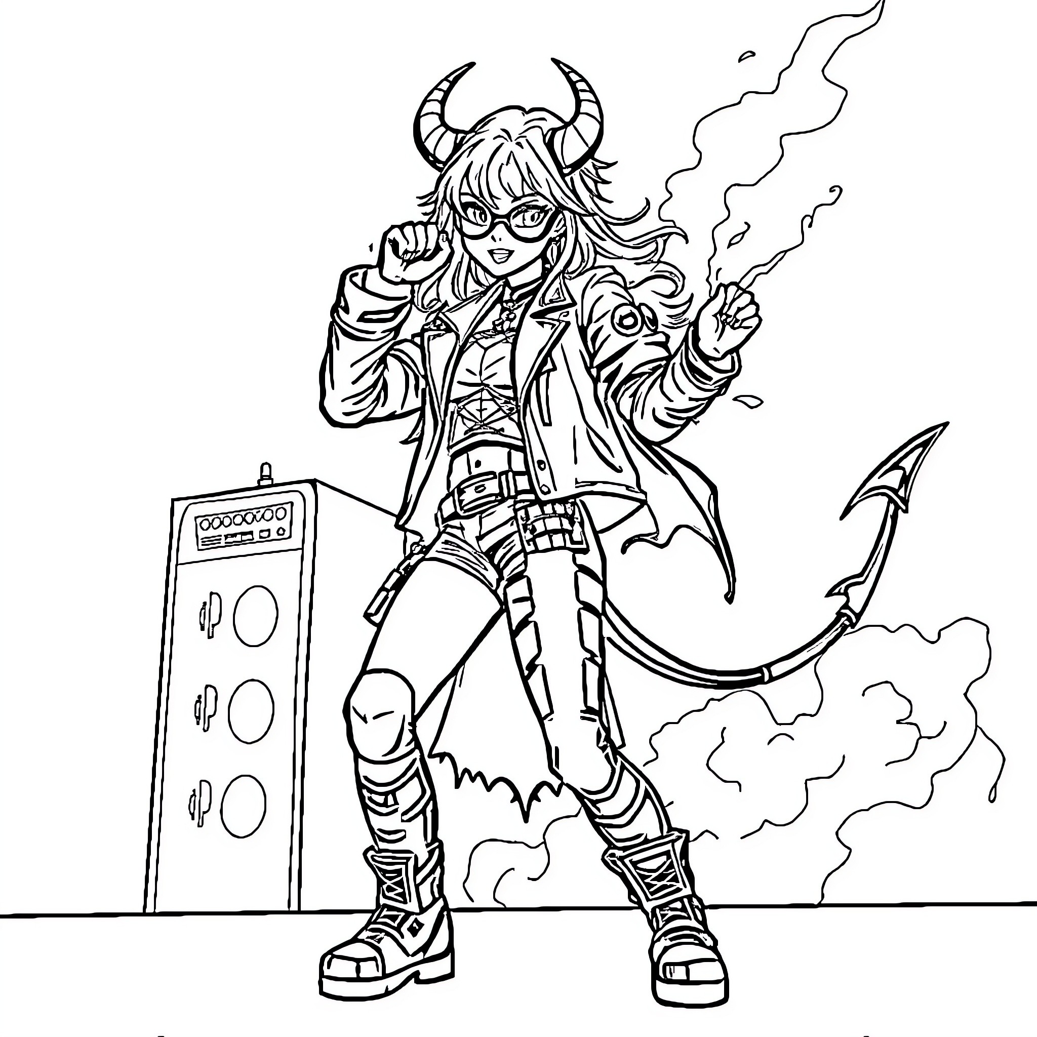 Zoey the Rebellious Demon Rocker Coloring Page (free black-and-white line drawing printable PDF for all, from beginners to advanced learners, including children, teens, adults, and seniors)