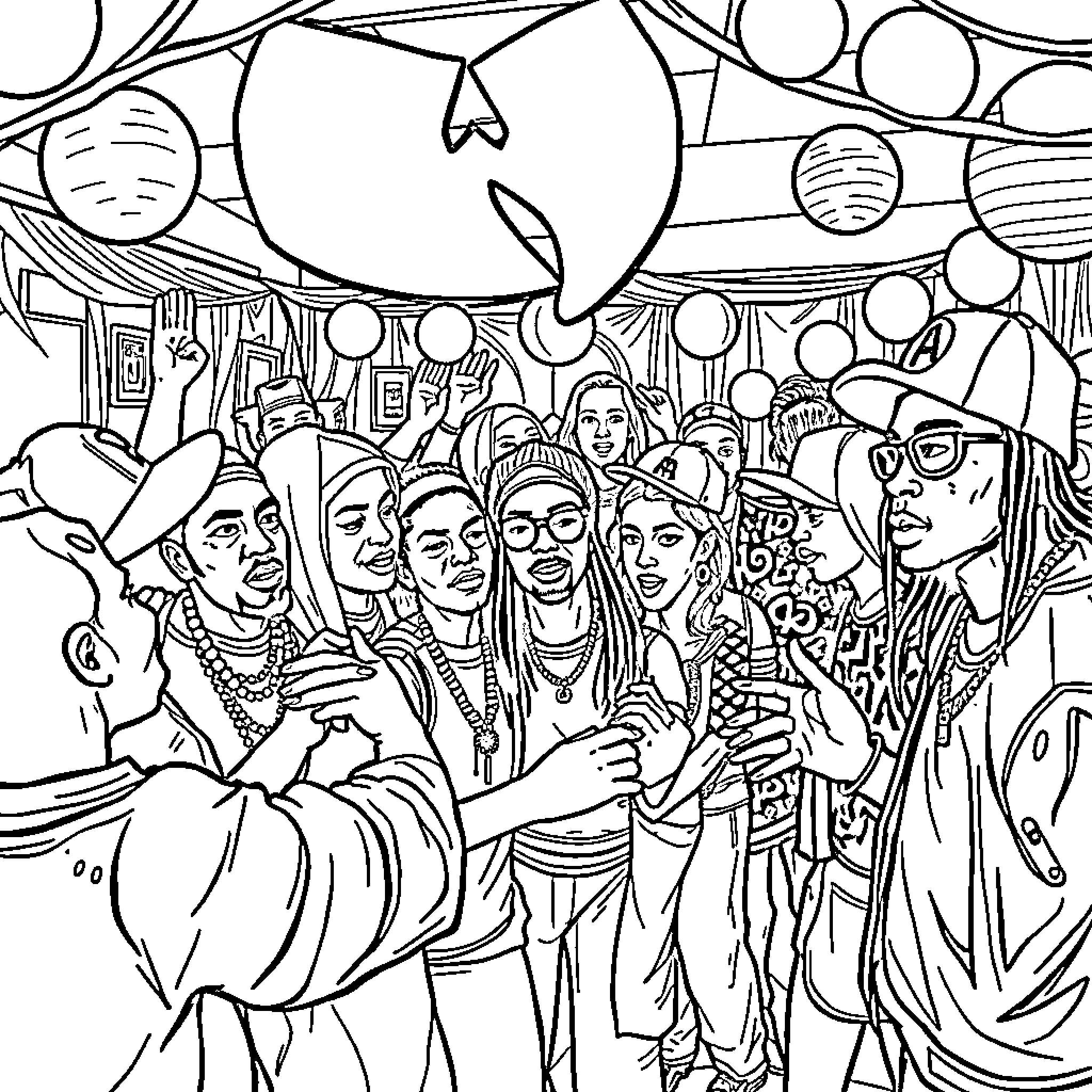 Hip Hop Artist Celebrates Vibrant Community Gathering Coloring Page (free black-and-white line drawing printable PDF for all, from beginners to advanced learners, including children, teens, adults, and seniors)