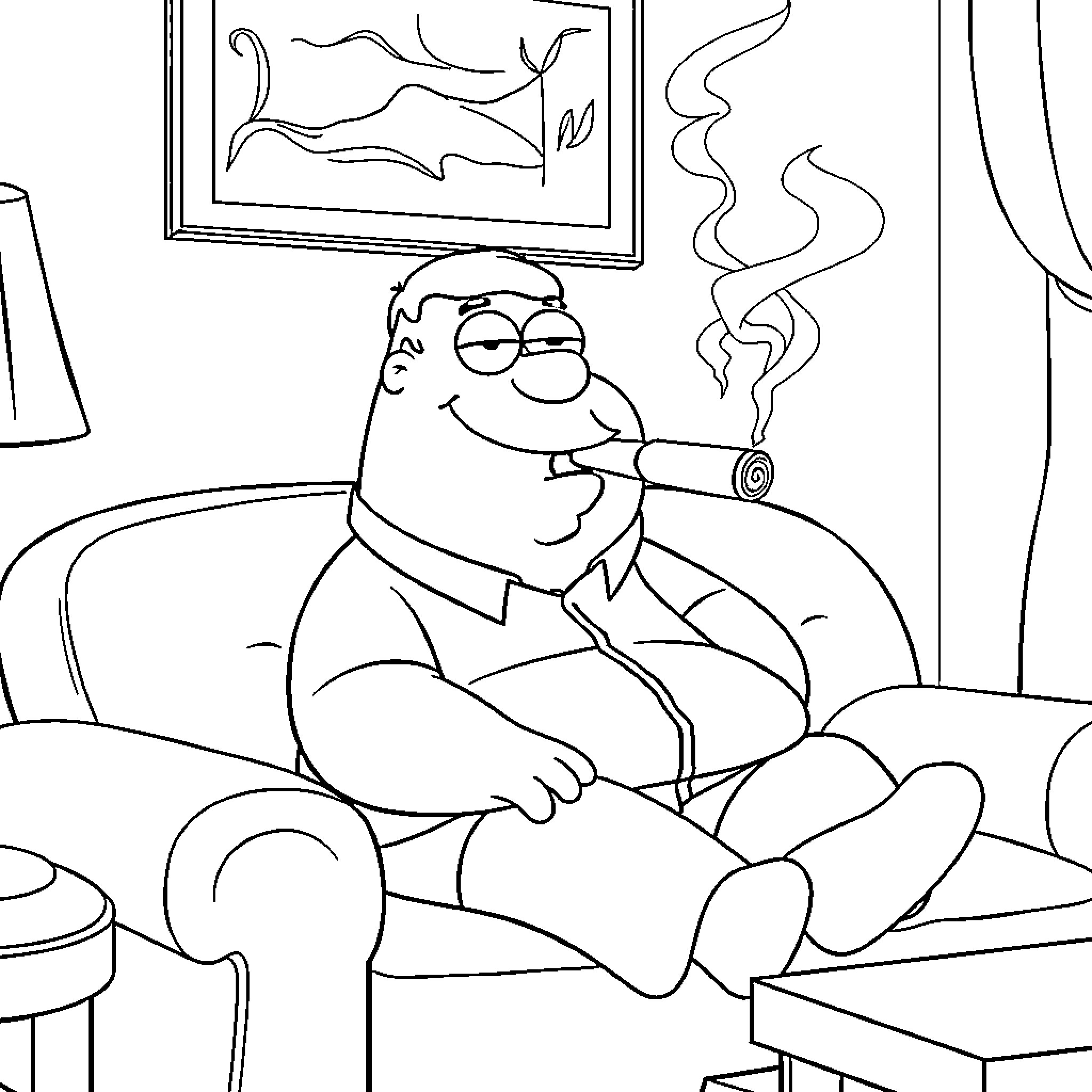 Peter Griffin relaxing and smoking in his chair Coloring Page (free black-and-white line drawing printable PDF for all, from beginners to advanced learners, including children, teens, adults, and seniors)