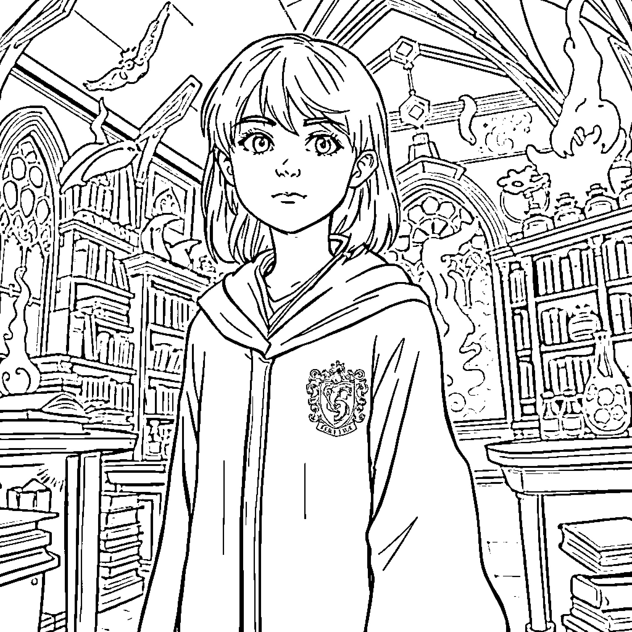 Gryffindor Student exploring magical library Coloring Page (free black-and-white line drawing printable PDF for all, from beginners to advanced learners, including children, teens, adults, and seniors)