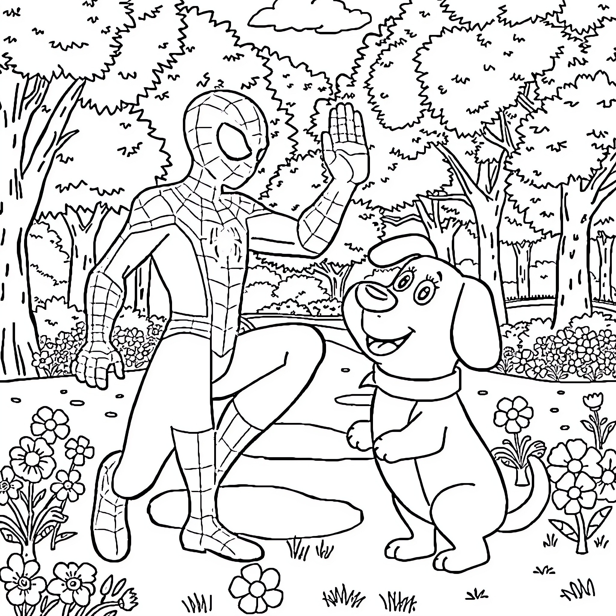 Spiderman helps a friendly puppy in the forest Coloring Page (free black-and-white line drawing printable PDF for all, from beginners to advanced learners, including children, teens, adults, and seniors)