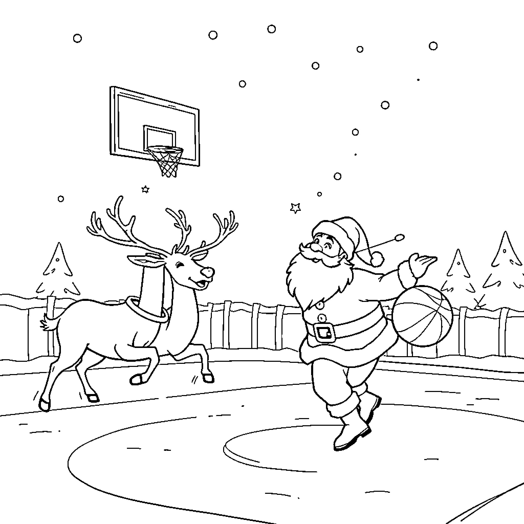 Santa playing basketball with a reindeer Coloring Page (free black-and-white line drawing printable PDF for all, from beginners to advanced learners, including children, teens, adults, and seniors)