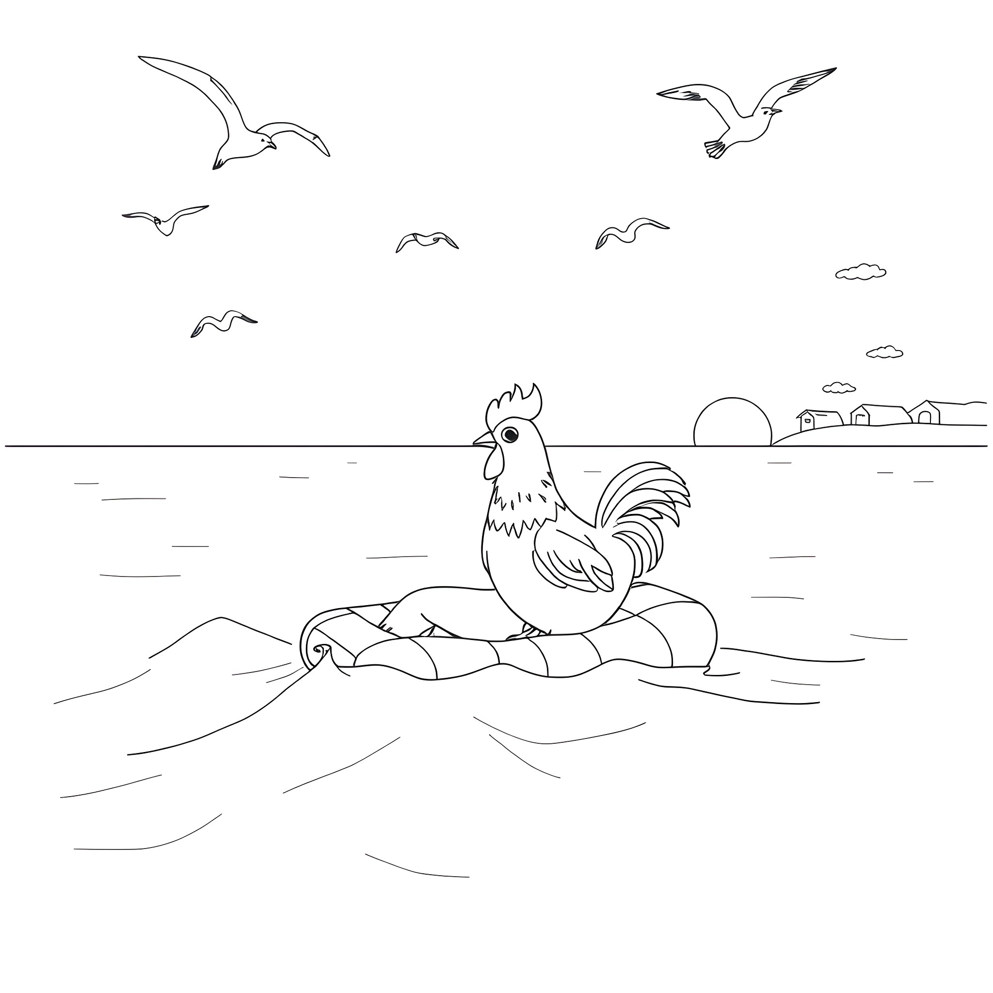 Moama: Rooster perched on a rock with seagulls flying overhead Coloring Page (free black-and-white line drawing printable PDF for all, from beginners to advanced learners, including children, teens, adults, and seniors)