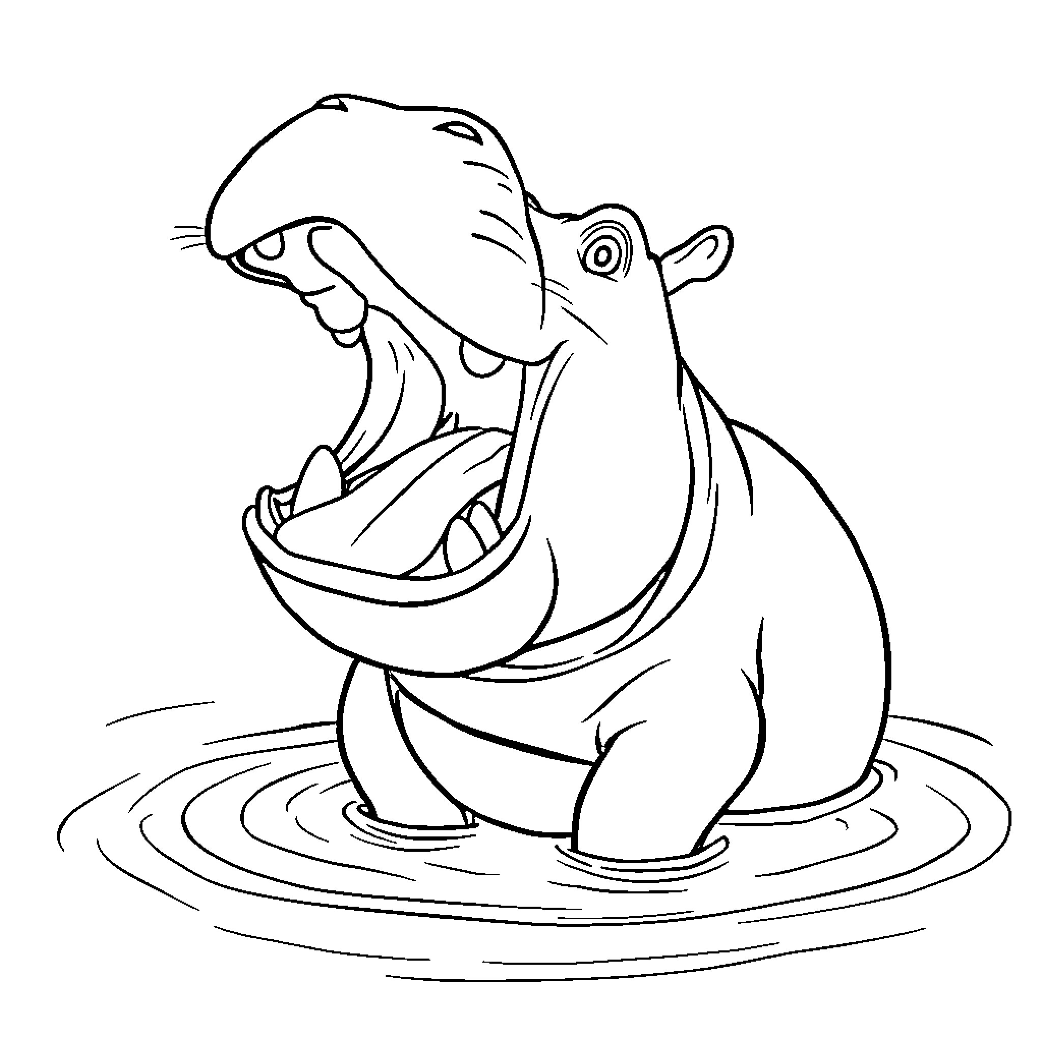 Hippo splashing happily in the water Coloring Page (free black-and-white line drawing printable PDF for all, from beginners to advanced learners, including children, teens, adults, and seniors)