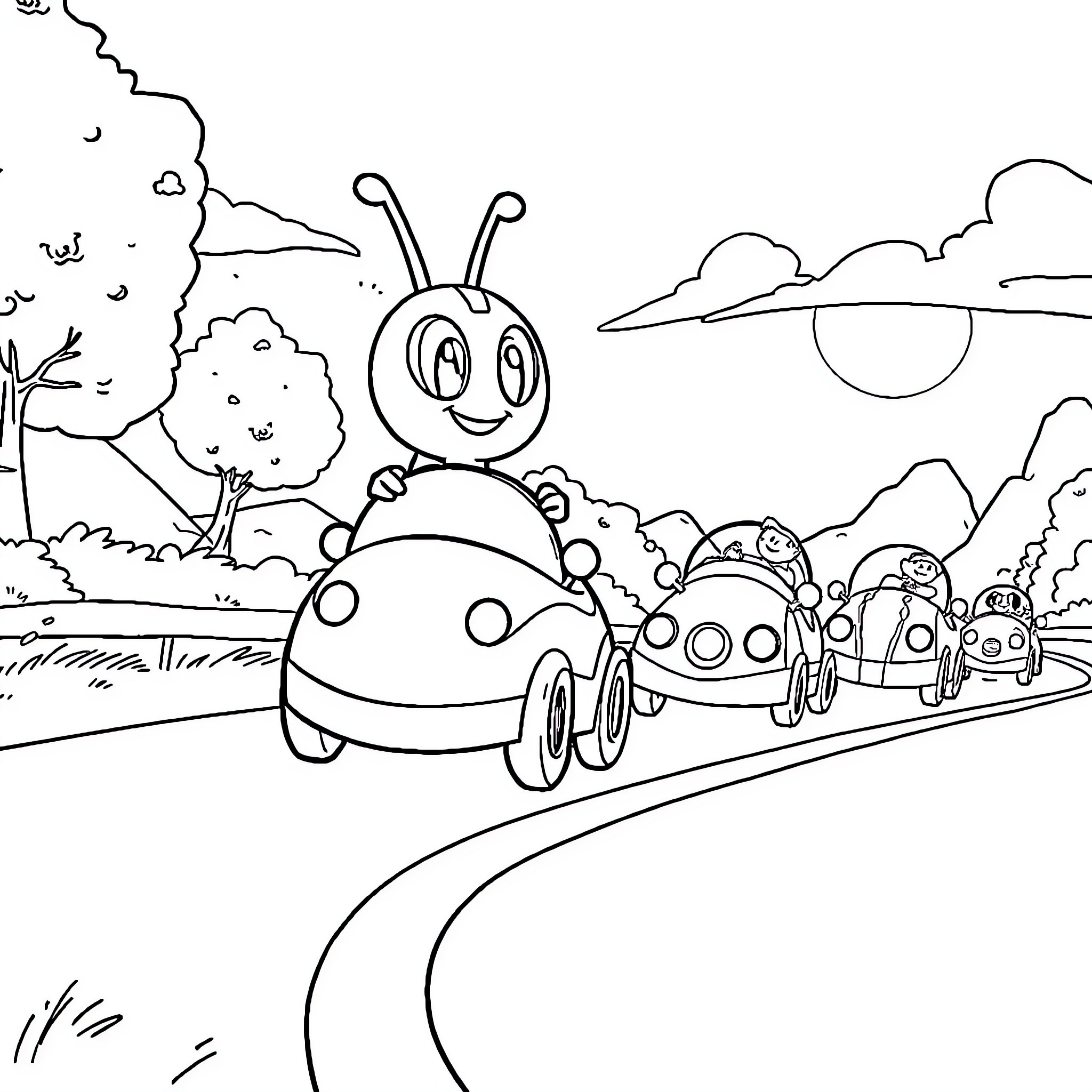 Pat Patrouille characters on a road trip adventure Coloring Page (free black-and-white line drawing printable PDF for all, from beginners to advanced learners, including children, teens, adults, and seniors)