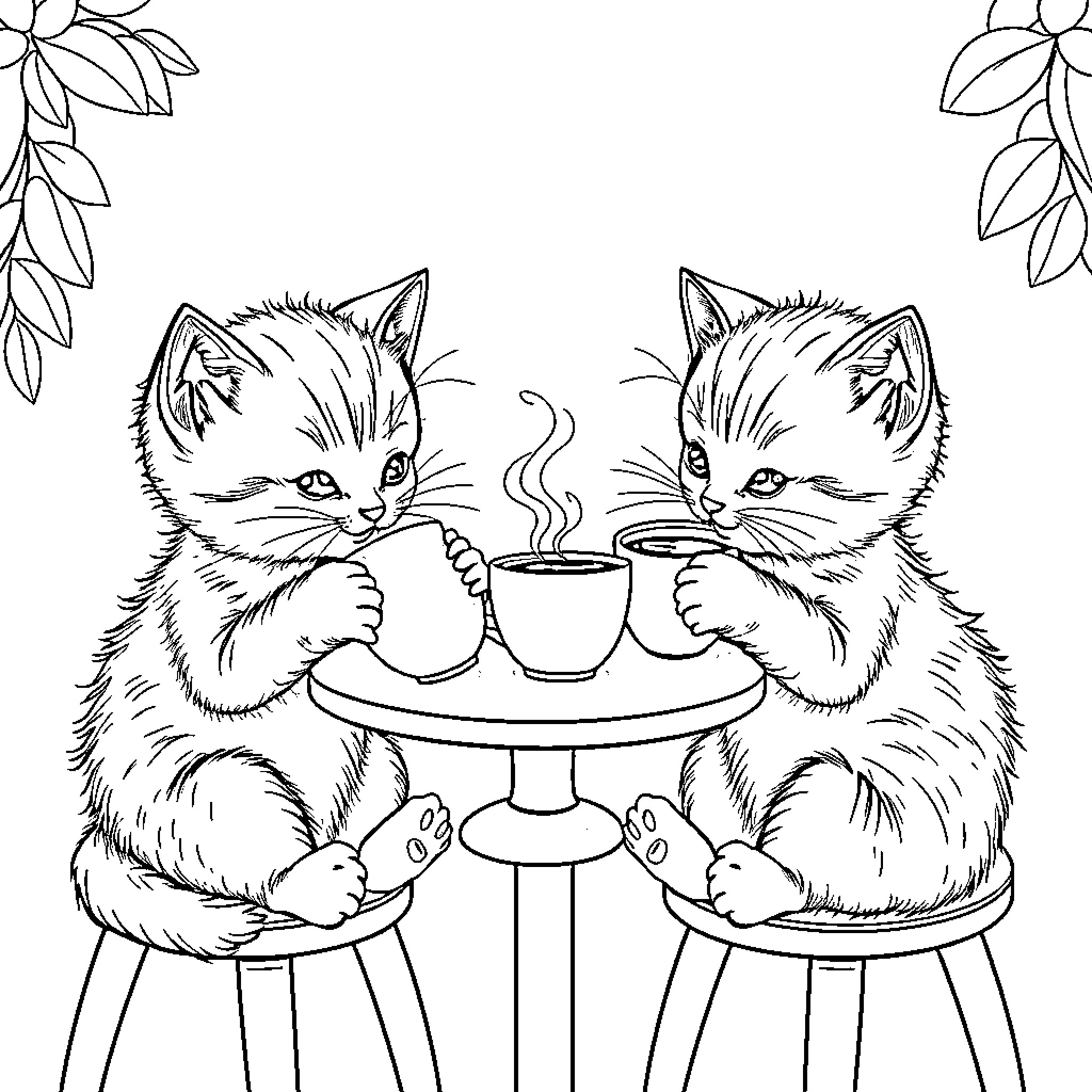 Kittens drinking coffee together Coloring Page (free black-and-white line drawing printable PDF for all, from beginners to advanced learners, including children, teens, adults, and seniors)