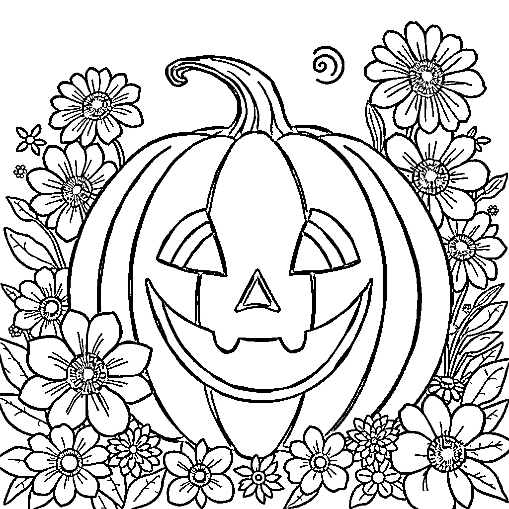 Pumpkin with flowers and pattern Coloring Page (free black-and-white line drawing printable PDF for all, from beginners to advanced learners, including children, teens, adults, and seniors)