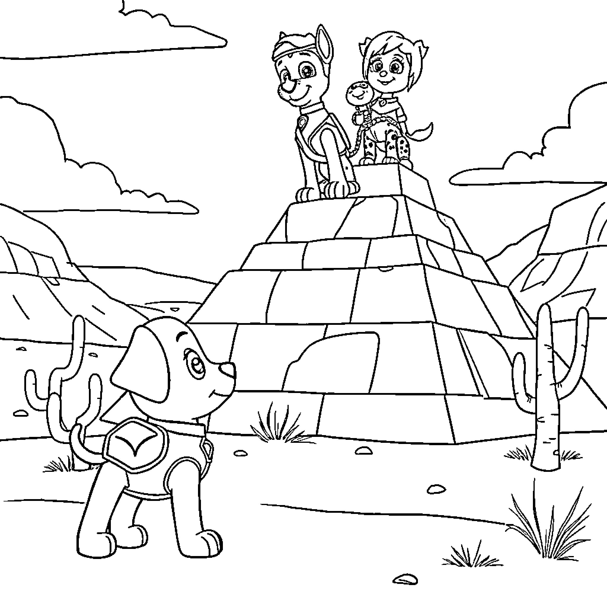Bluey and Friends Exploring the Pyramid Adventure Coloring Page (free black-and-white line drawing printable PDF for all, from beginners to advanced learners, including children, teens, adults, and seniors)