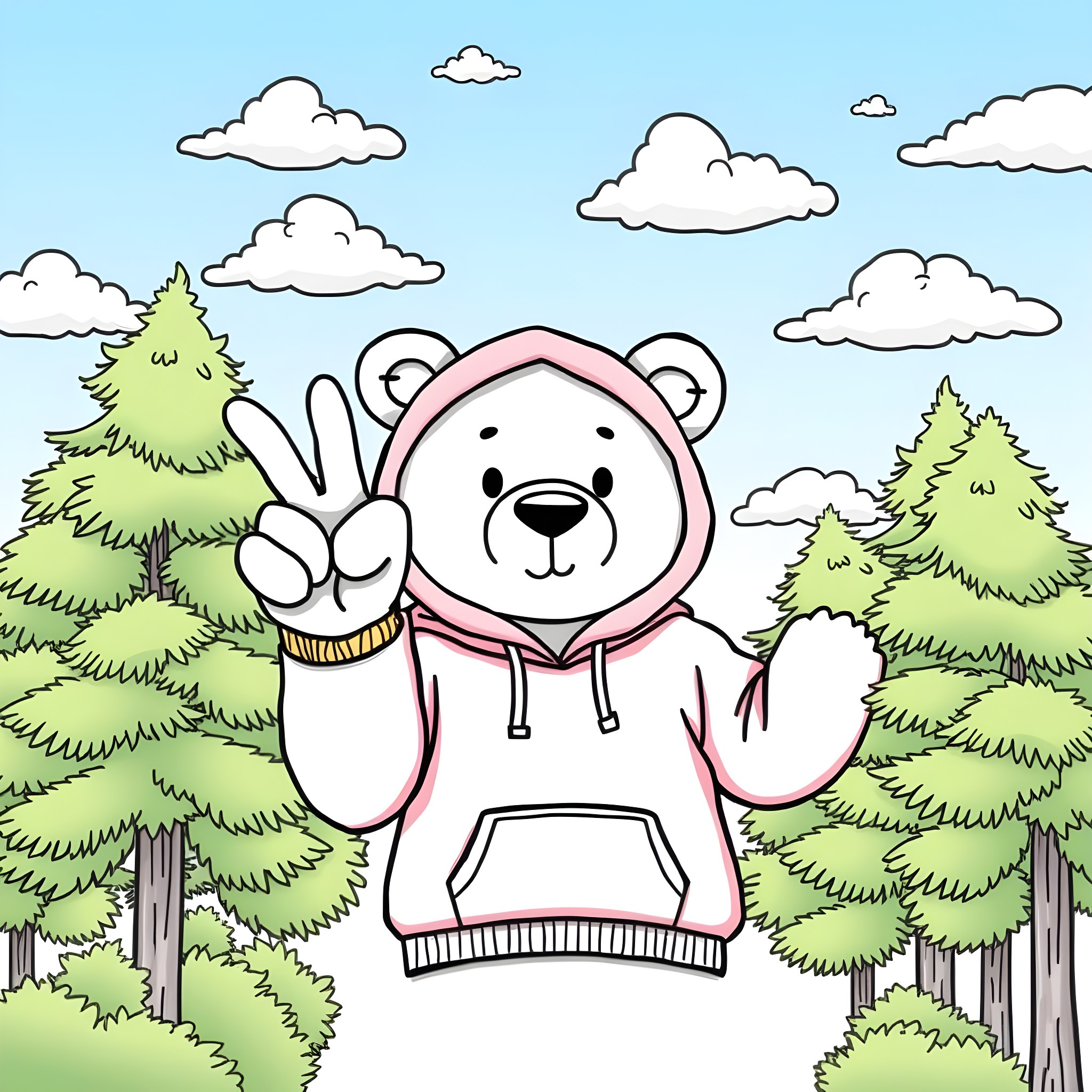 Bear making peace sign in forest with trees Coloring Page (free black-and-white line drawing printable PDF for all, from beginners to advanced learners, including children, teens, adults, and seniors)