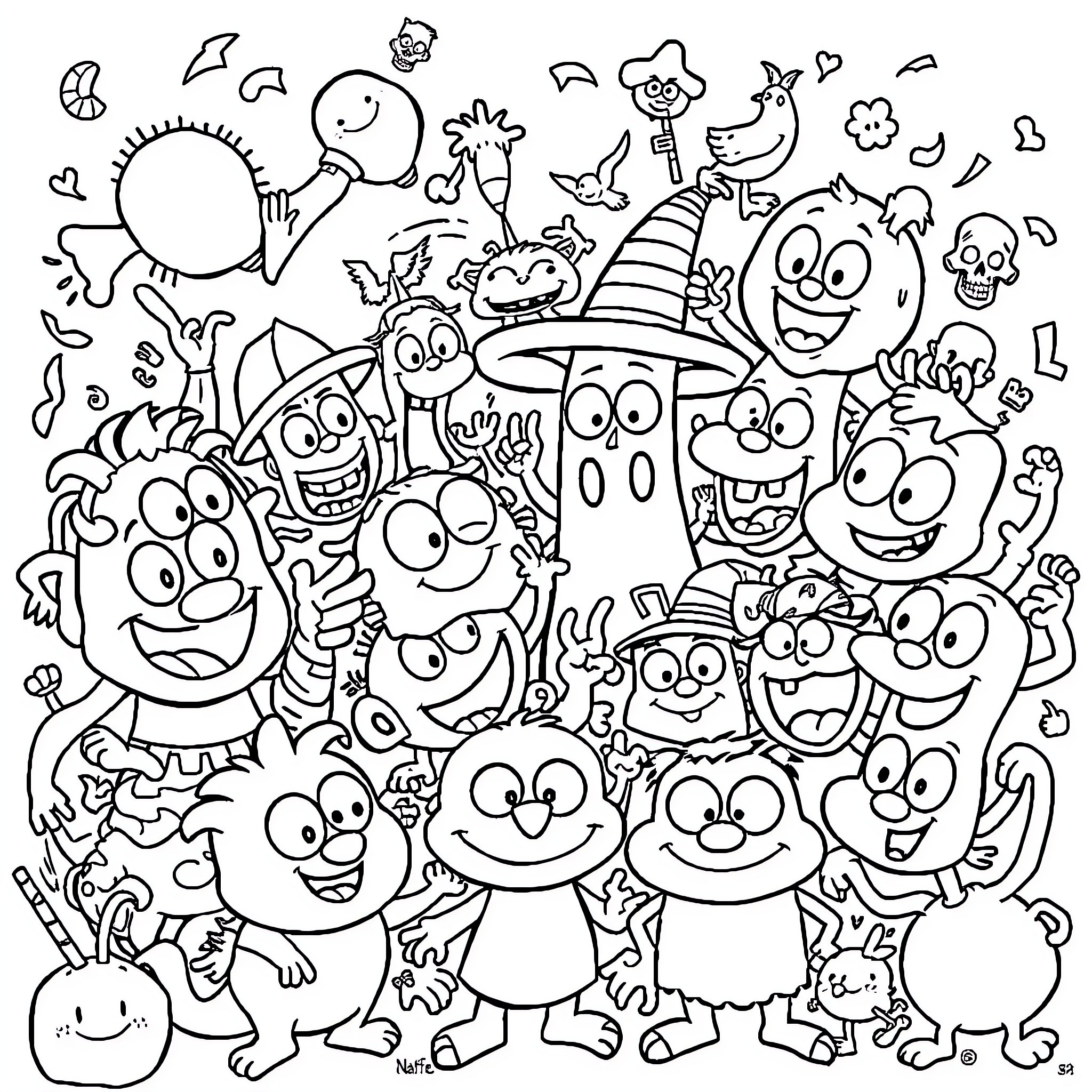Cartoon Creatures Having Fun Together Coloring Page (free black-and-white line drawing printable PDF for all, from beginners to advanced learners, including children, teens, adults, and seniors)