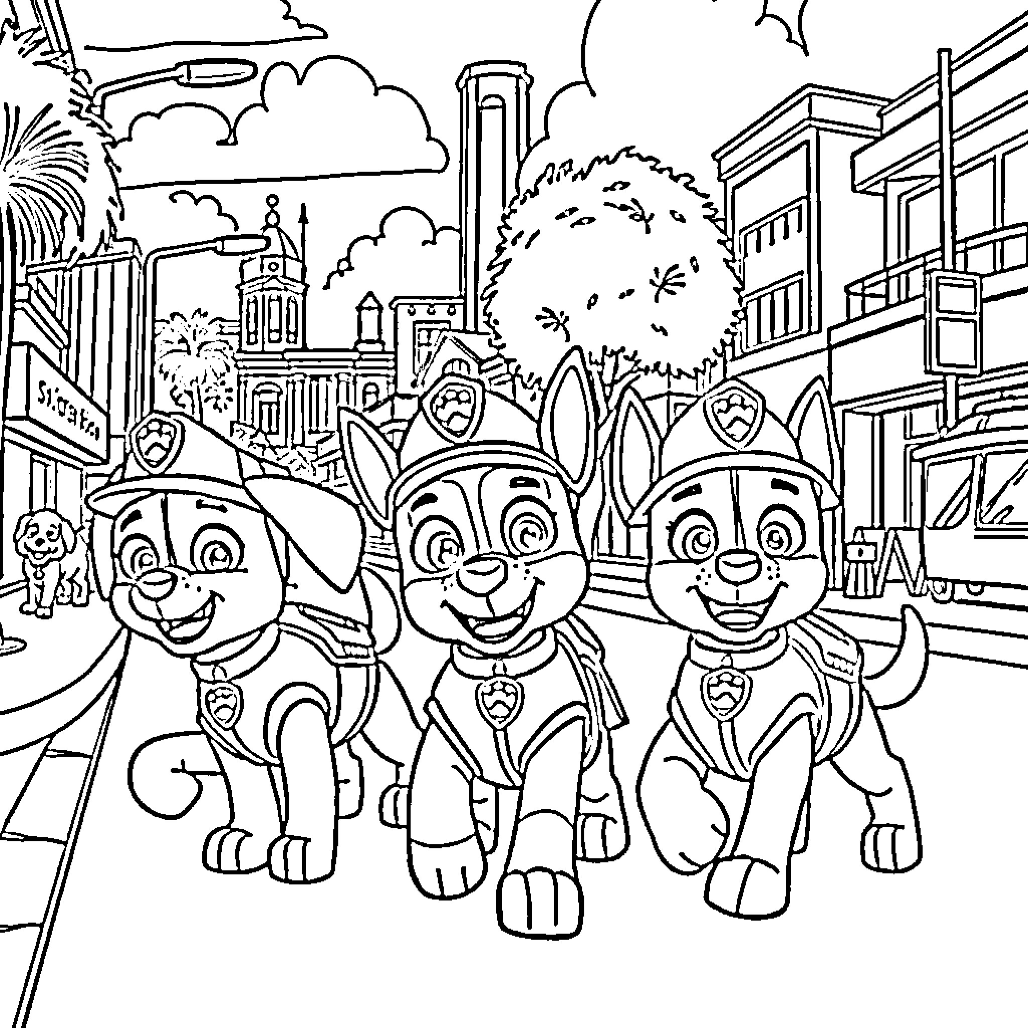 Paw Patrol Team on Patrol in the City Coloring Page (free black-and-white line drawing printable PDF for all, from beginners to advanced learners, including children, teens, adults, and seniors)
