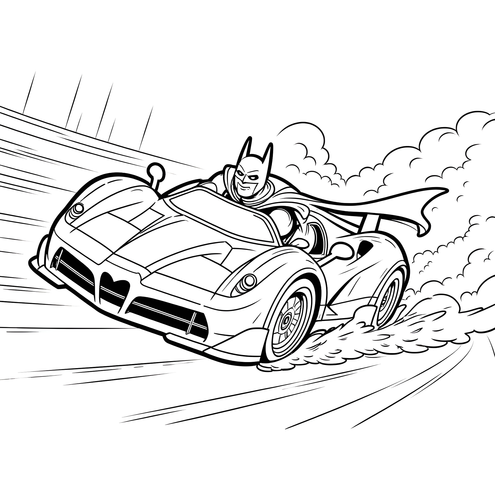 Batman speeding in high-powered sports car Coloring Page (free black-and-white line drawing printable PDF for all, from beginners to advanced learners, including children, teens, adults, and seniors)
