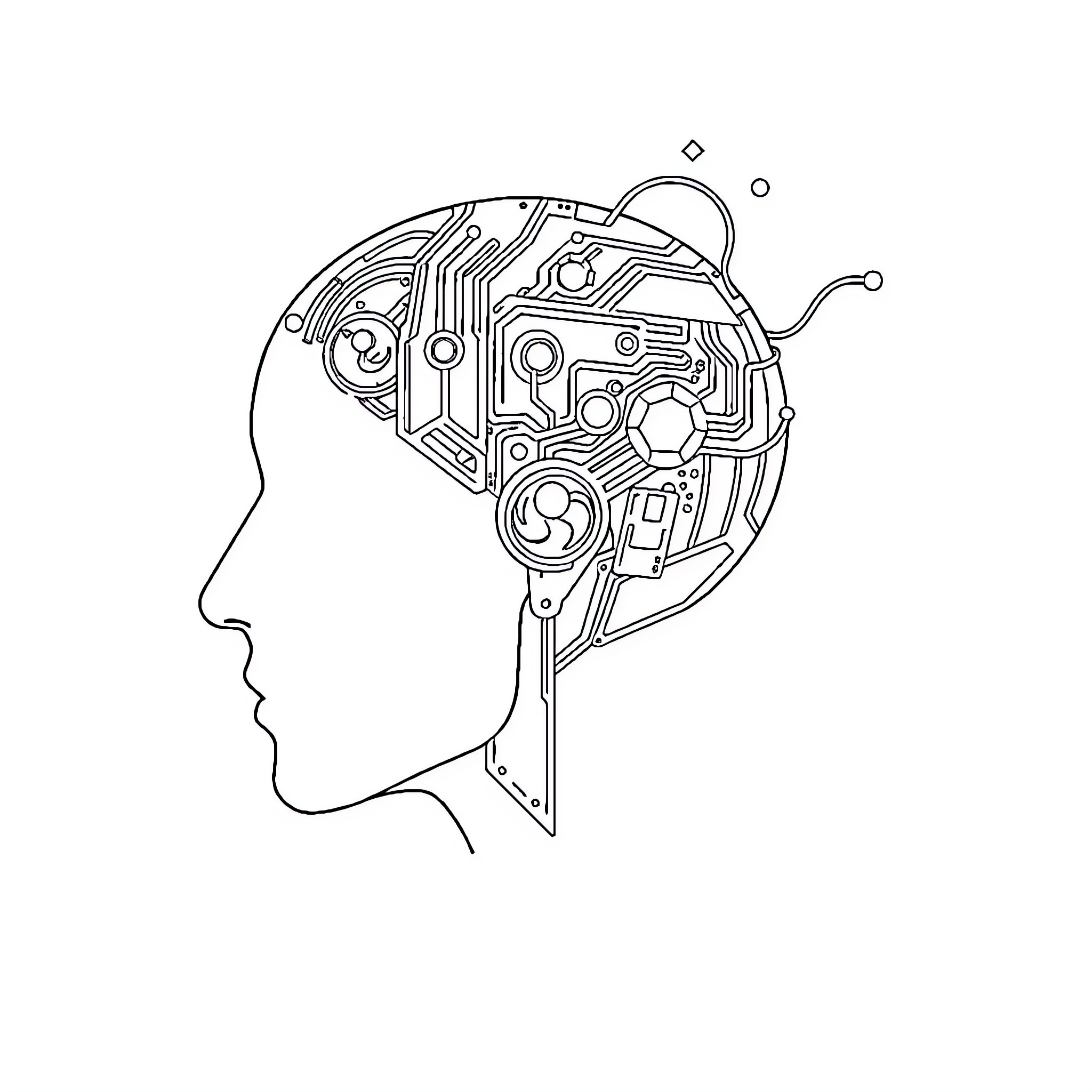 Artificial Intelligence brain circuits Coloring Page (free black-and-white line drawing printable PDF for all, from beginners to advanced learners, including children, teens, adults, and seniors)