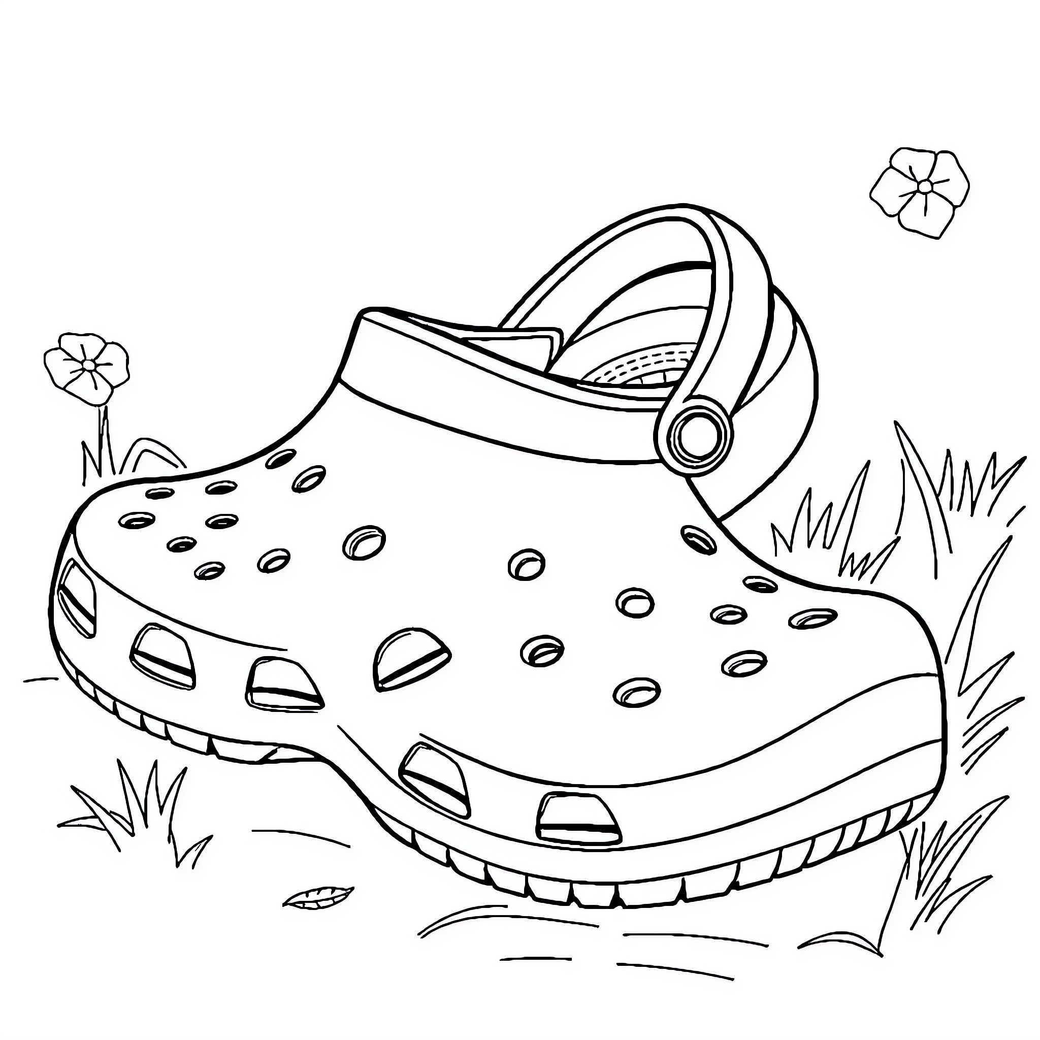 Croc in the Grass with Flowers Coloring Page (free black-and-white line drawing printable PDF for all, from beginners to advanced learners, including children, teens, adults, and seniors)