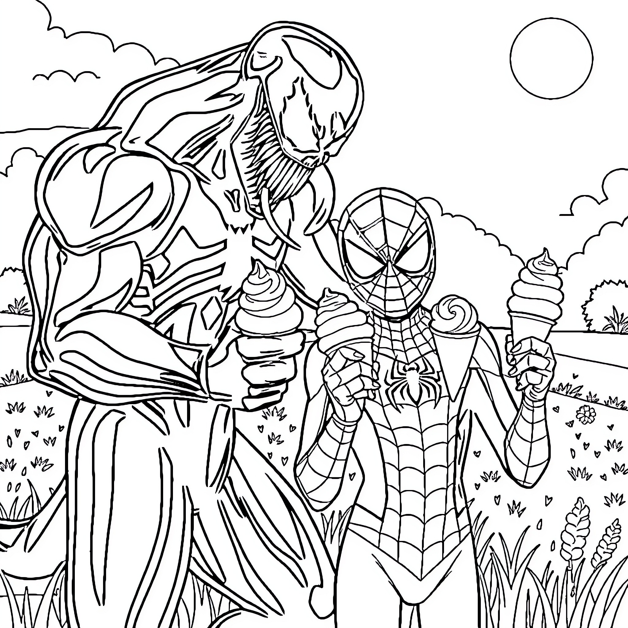 Spider-Man and Venom in Epic Confrontation Coloring Page (free black-and-white line drawing printable PDF for all, from beginners to advanced learners, including children, teens, adults, and seniors)