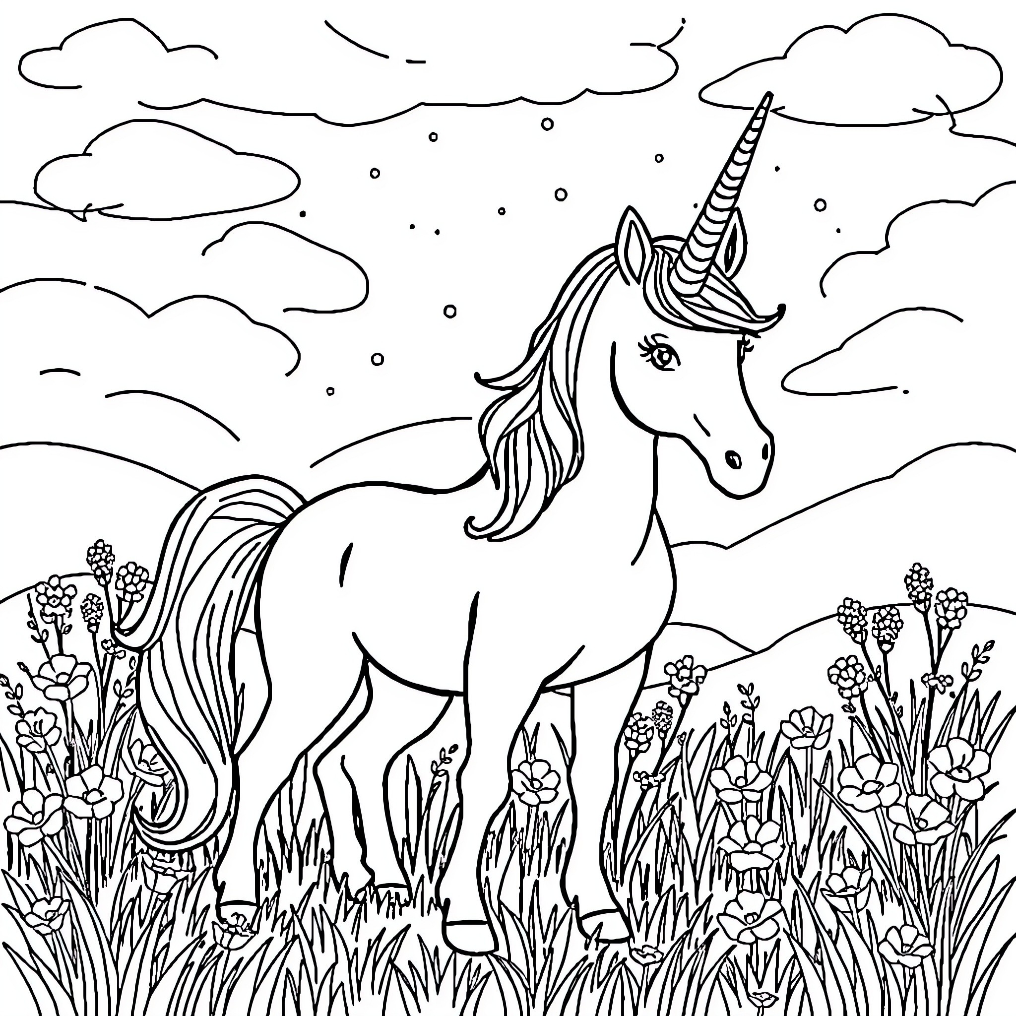Unicorn standing proudly in a magical field Coloring Page (free black-and-white line drawing printable PDF for all, from beginners to advanced learners, including children, teens, adults, and seniors)