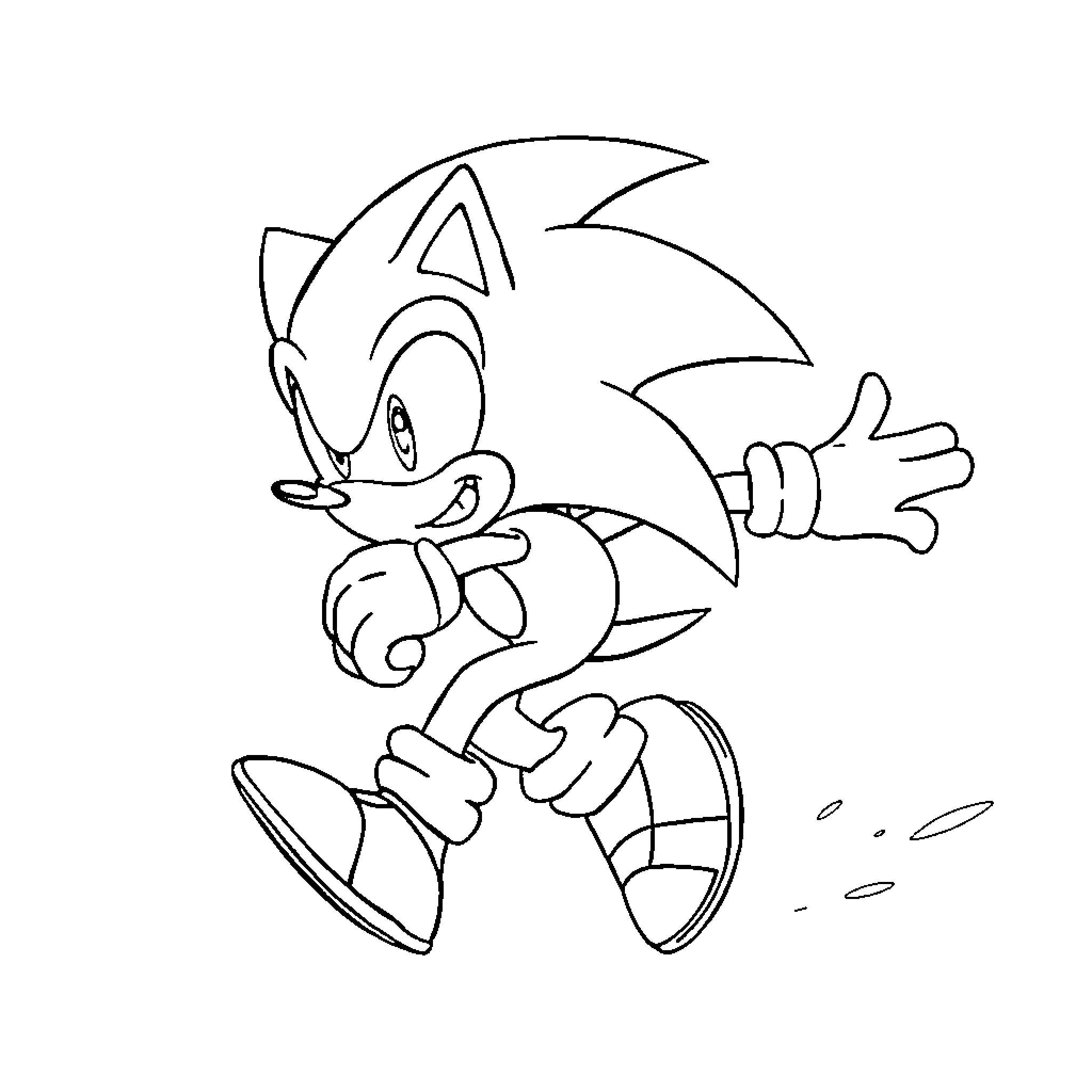 Sonic the Hedgehog running and gesturing Coloring Page (free black-and-white line drawing printable PDF for all, from beginners to advanced learners, including children, teens, adults, and seniors)