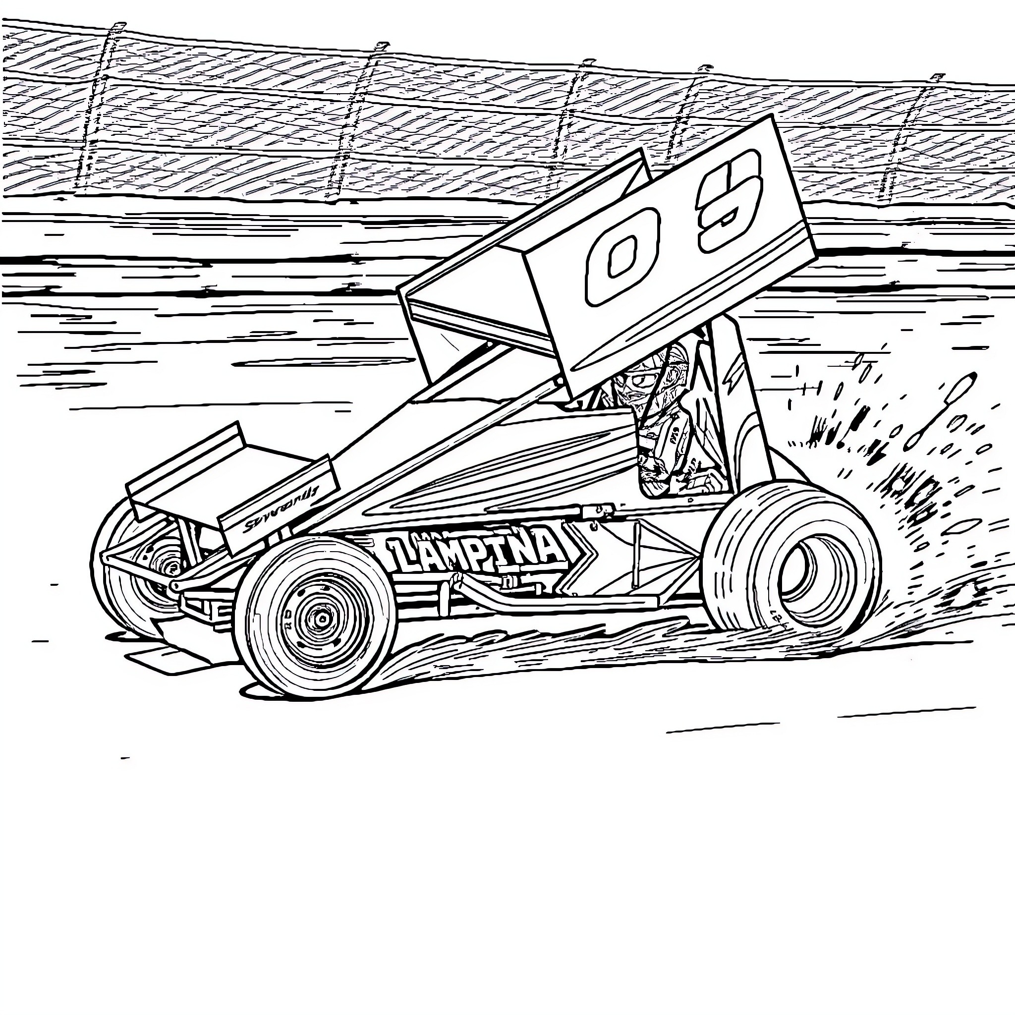 Sprint Car Racing Action in Stadium Coloring Page (free black-and-white line drawing printable PDF for all, from beginners to advanced learners, including children, teens, adults, and seniors)